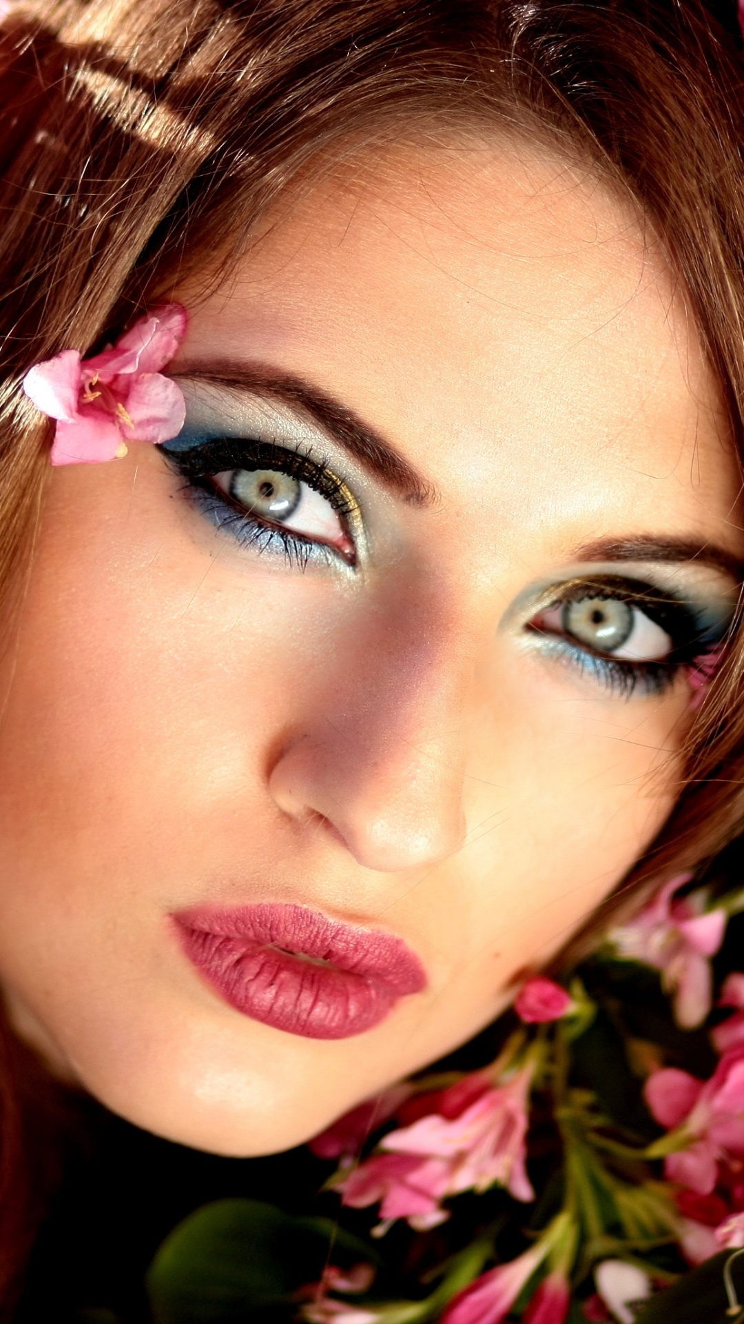 Download mobile wallpaper Redhead, Face, Model, Women, Makeup, Blue Eyes, Pink Flower, Lipstick for free.