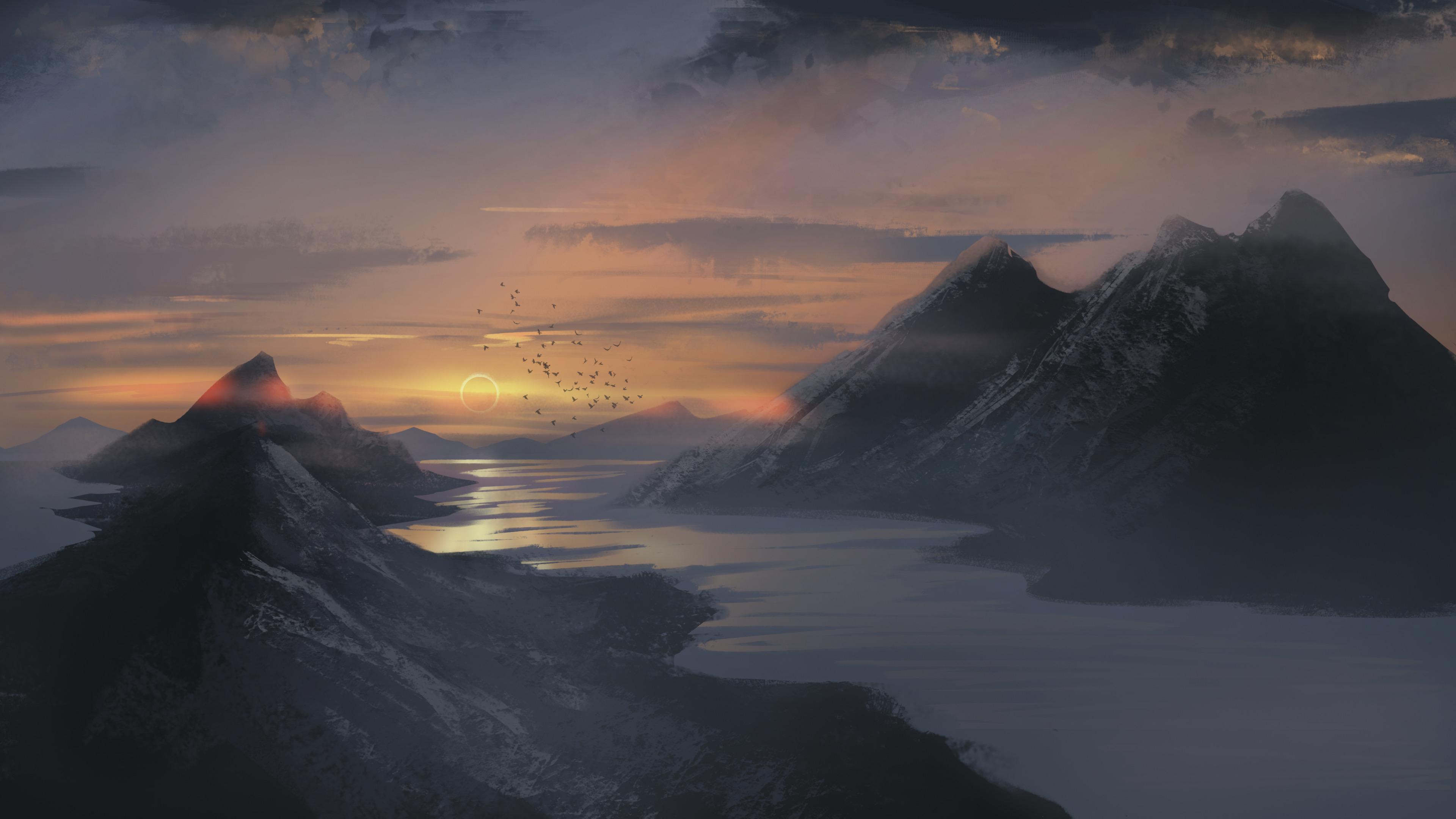Laden Sie das Landschaft, Fluss, Gebirge, Himmel, Sonnenuntergang, Künstlerisch-Bild kostenlos auf Ihren PC-Desktop herunter