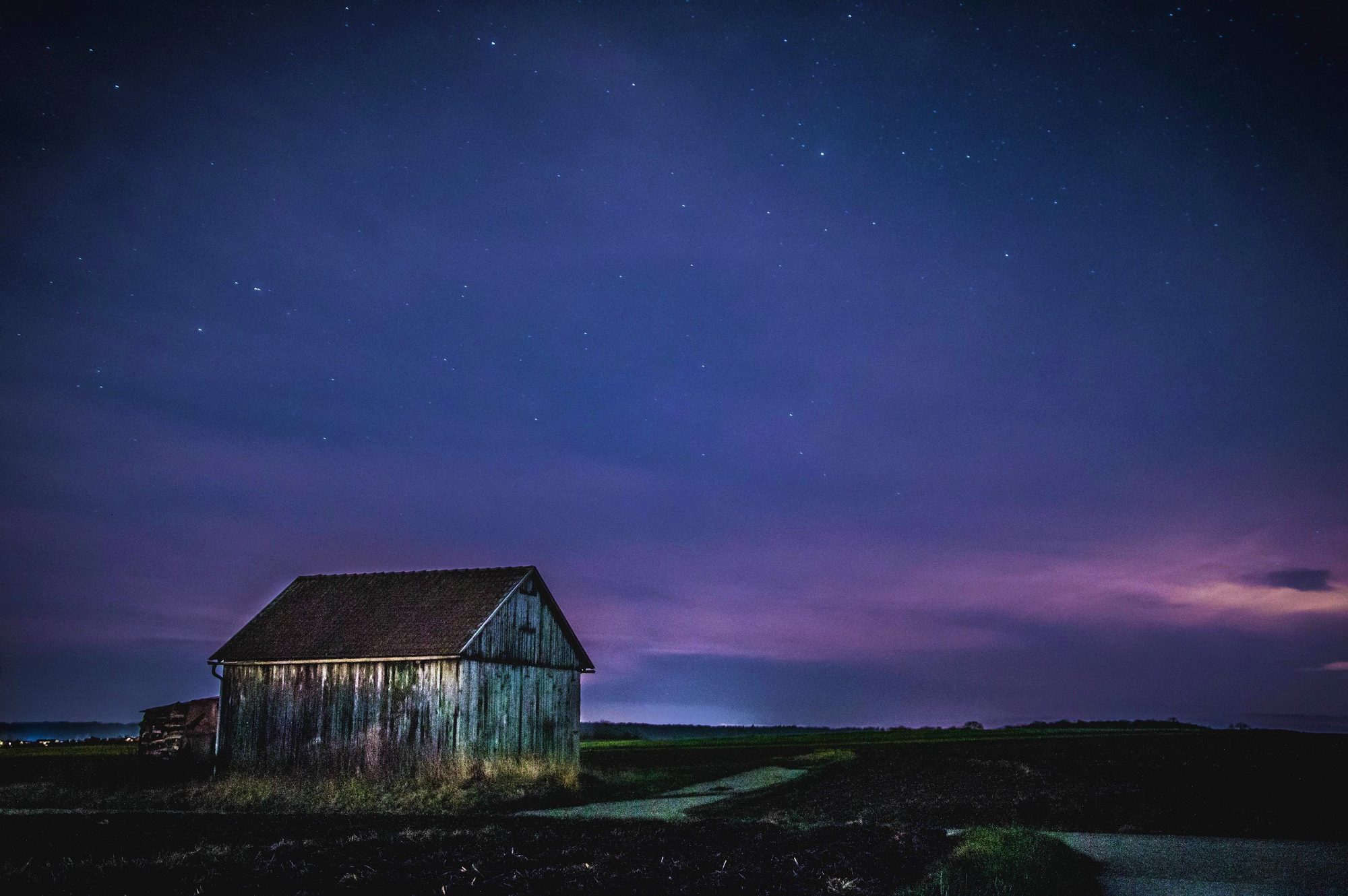 Free download wallpaper Sky, Night, Earth, Field, Shed, Man Made on your PC desktop