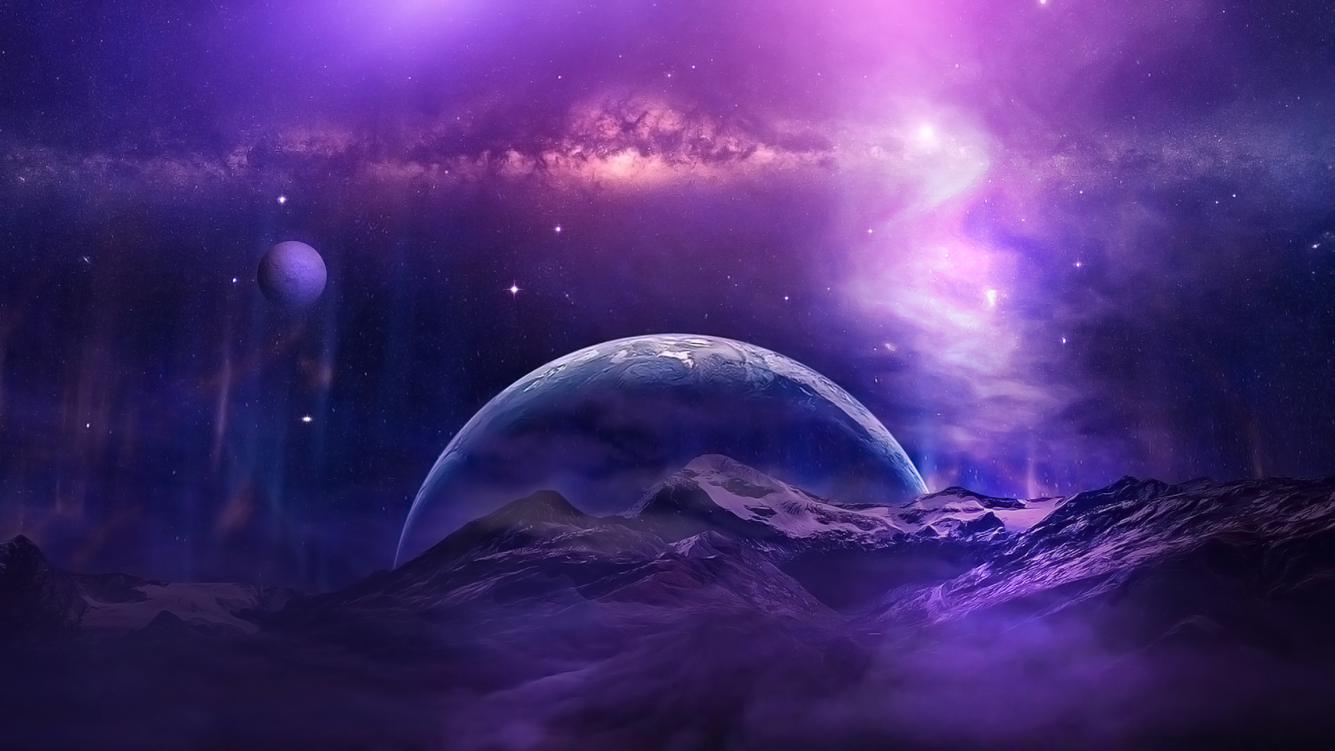 Download mobile wallpaper Sky, Stars, Night, Moon, Mountain, Galaxy, Space, Purple, Planet, Sci Fi for free.