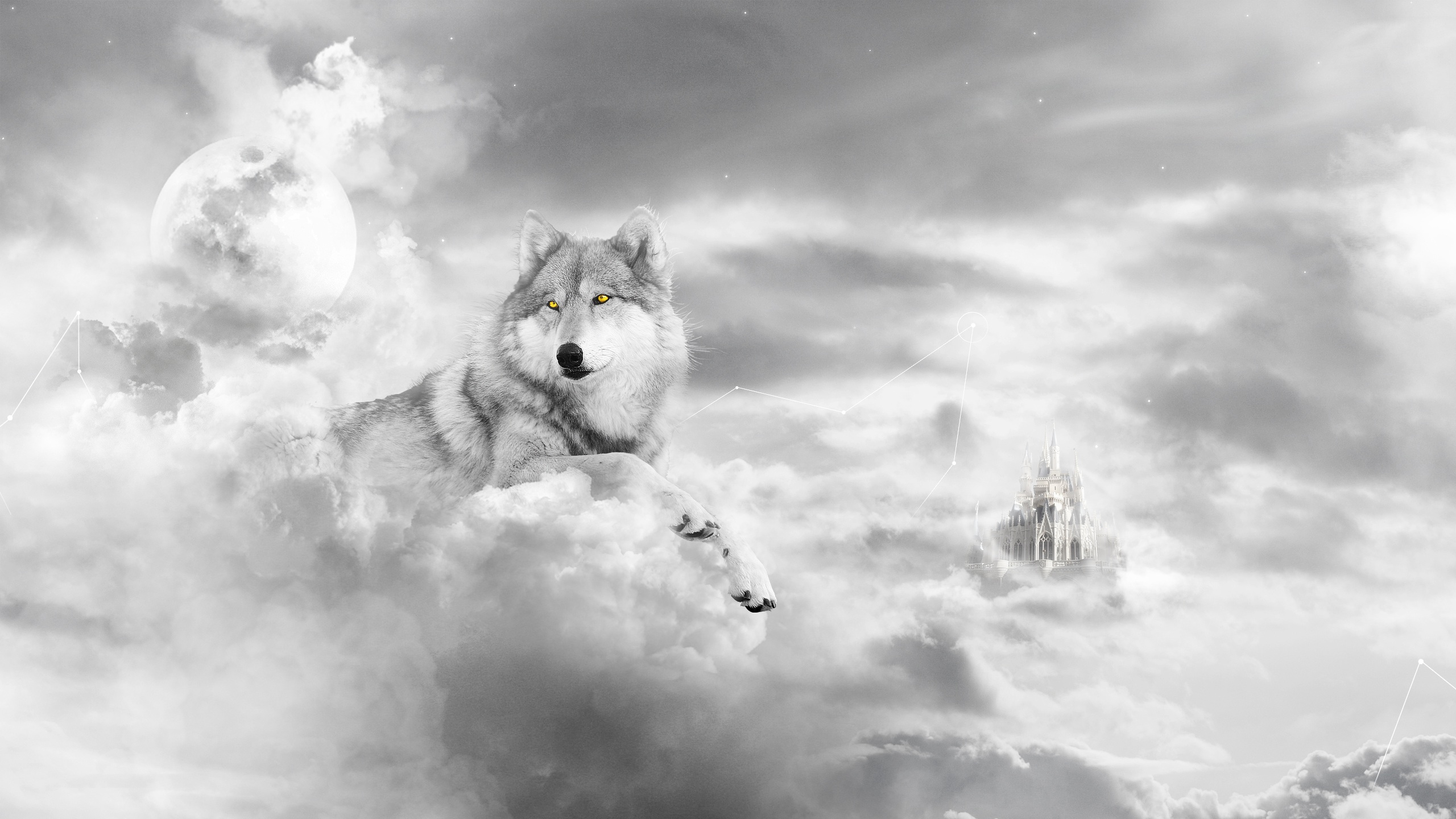 278850 скачать картинку фэнтези животные, волк, чёрно белое, замок, собака, луна, облака, фэнтези - обои и заставки бесплатно