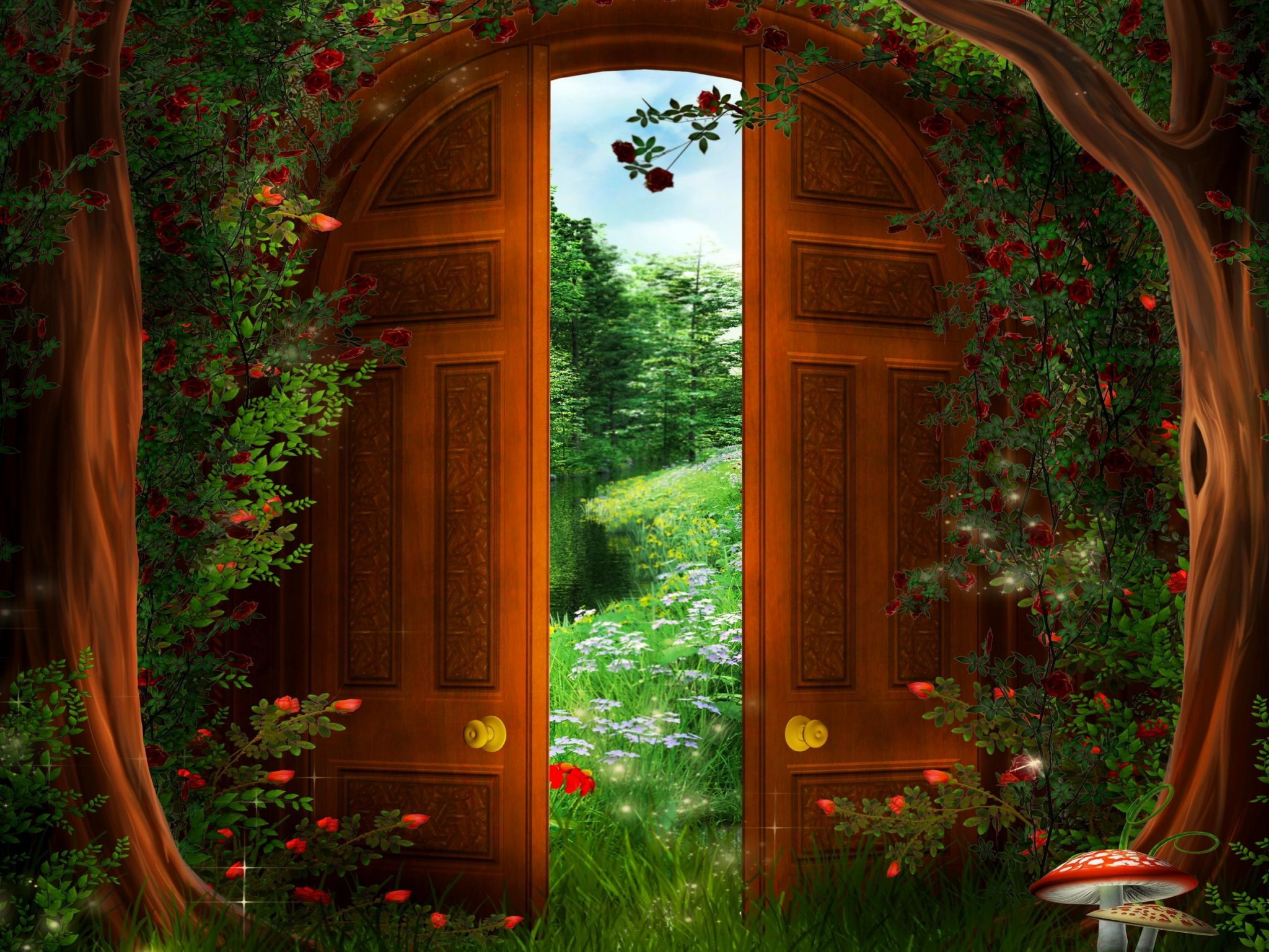 door, fantasy, artistic, flower, grass, green, magical, mushroom, tree