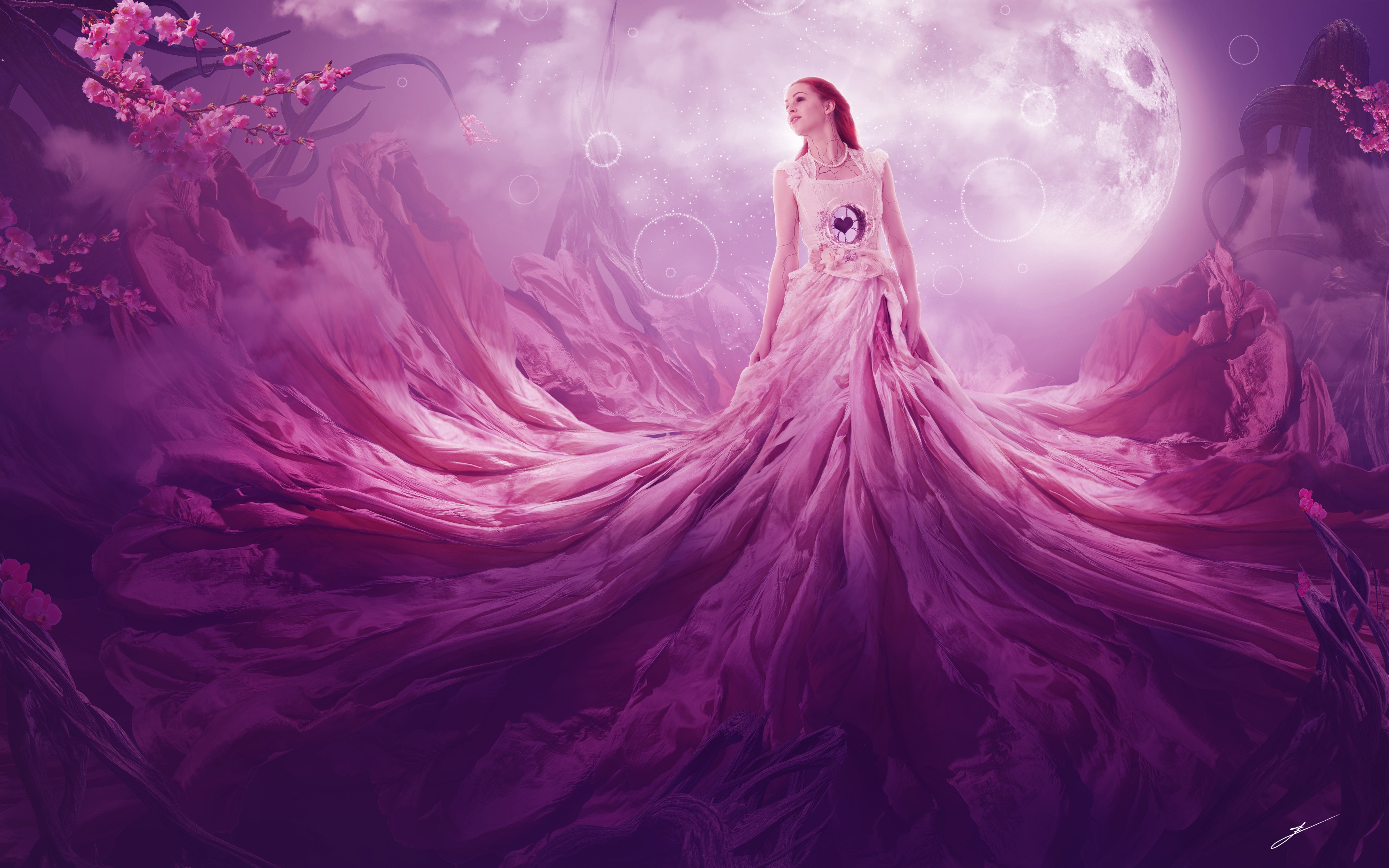 Free download wallpaper Fantasy, Moon, Heart, Dress, Women, Blossom, Red Hair on your PC desktop