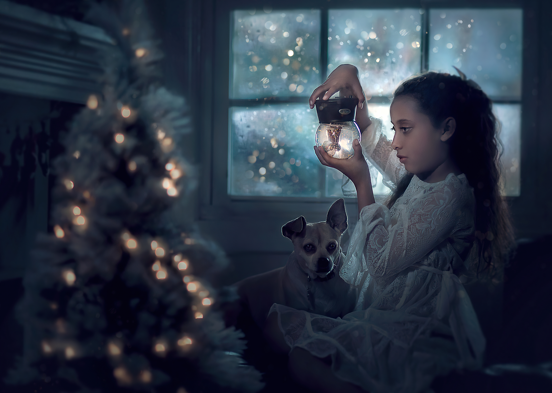 Download mobile wallpaper Dog, Christmas Tree, Child, Photography, Chihuahua, Snow Globe for free.