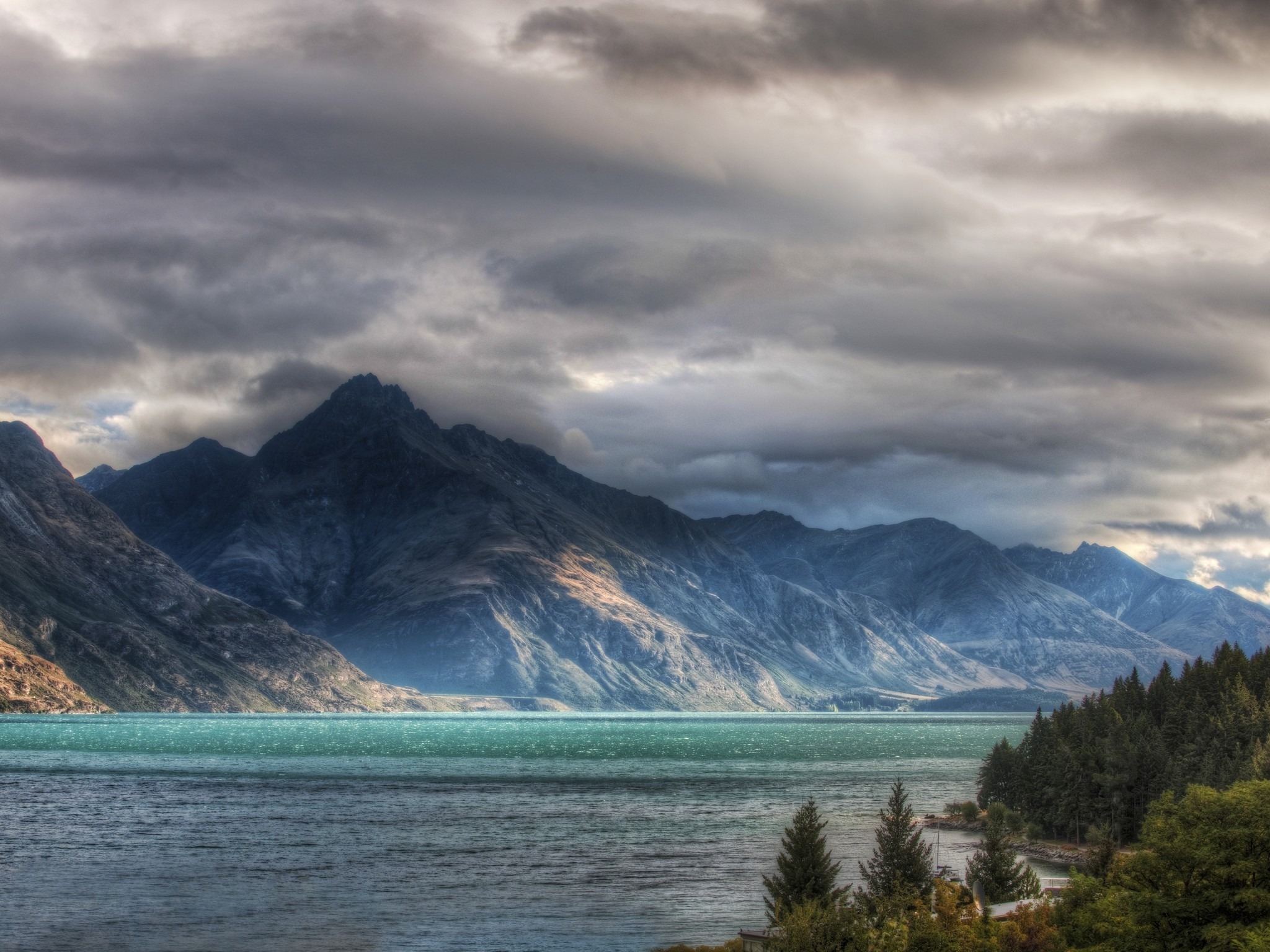 water, mountains, nature, clouds, rocks, lake, multicolored, colorful, mainly cloudy, overcast