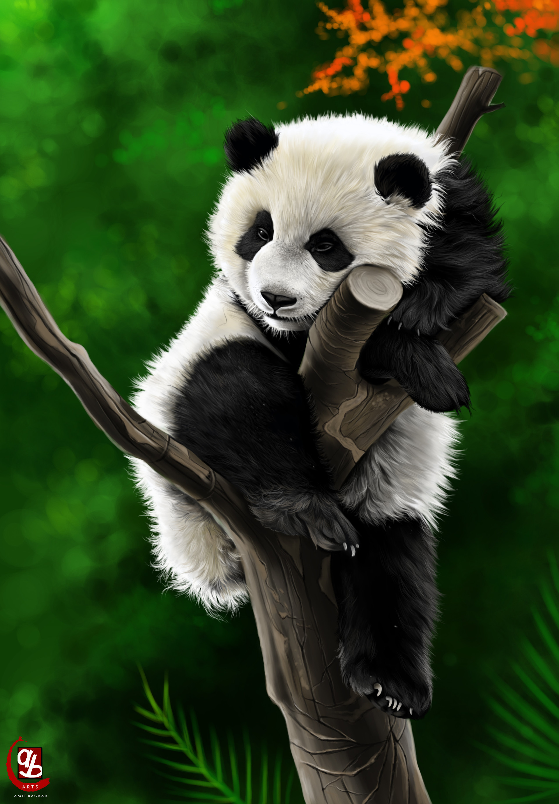 156615 завантажити шпалери тварина, панда, арт, гілка - заставки і картинки безкоштовно