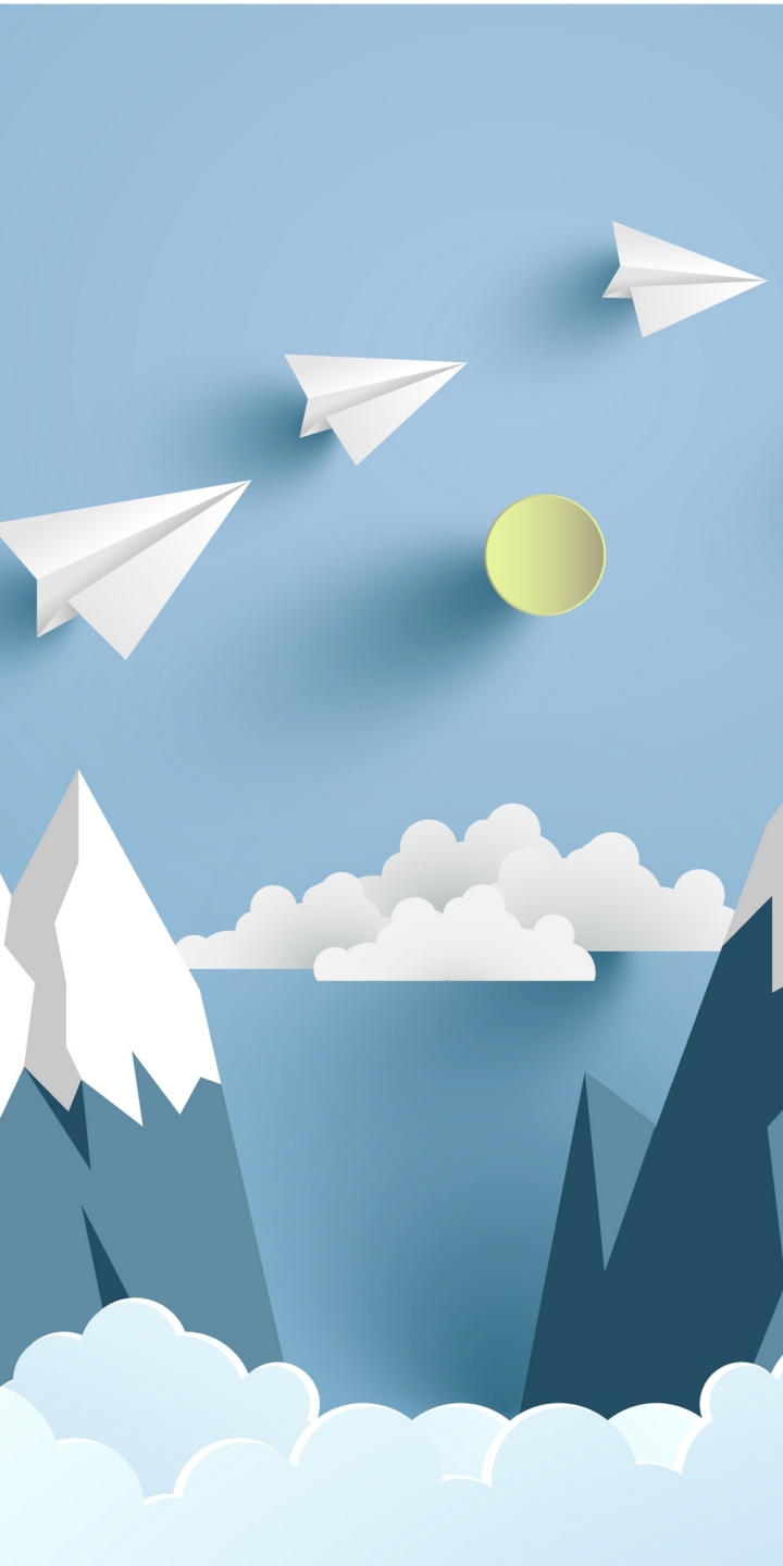 Download mobile wallpaper Sun, Mountain, Artistic, Cloud, Paper Plane for free.
