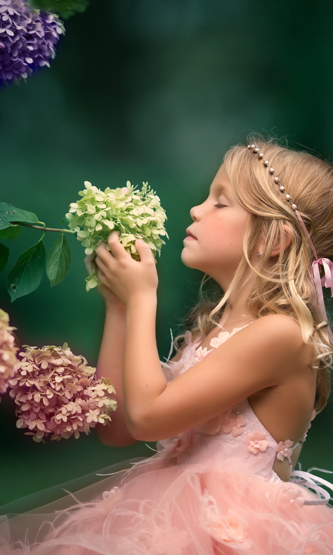 Download mobile wallpaper Flower, Child, Blonde, Hydrangea, Photography, Little Girl for free.
