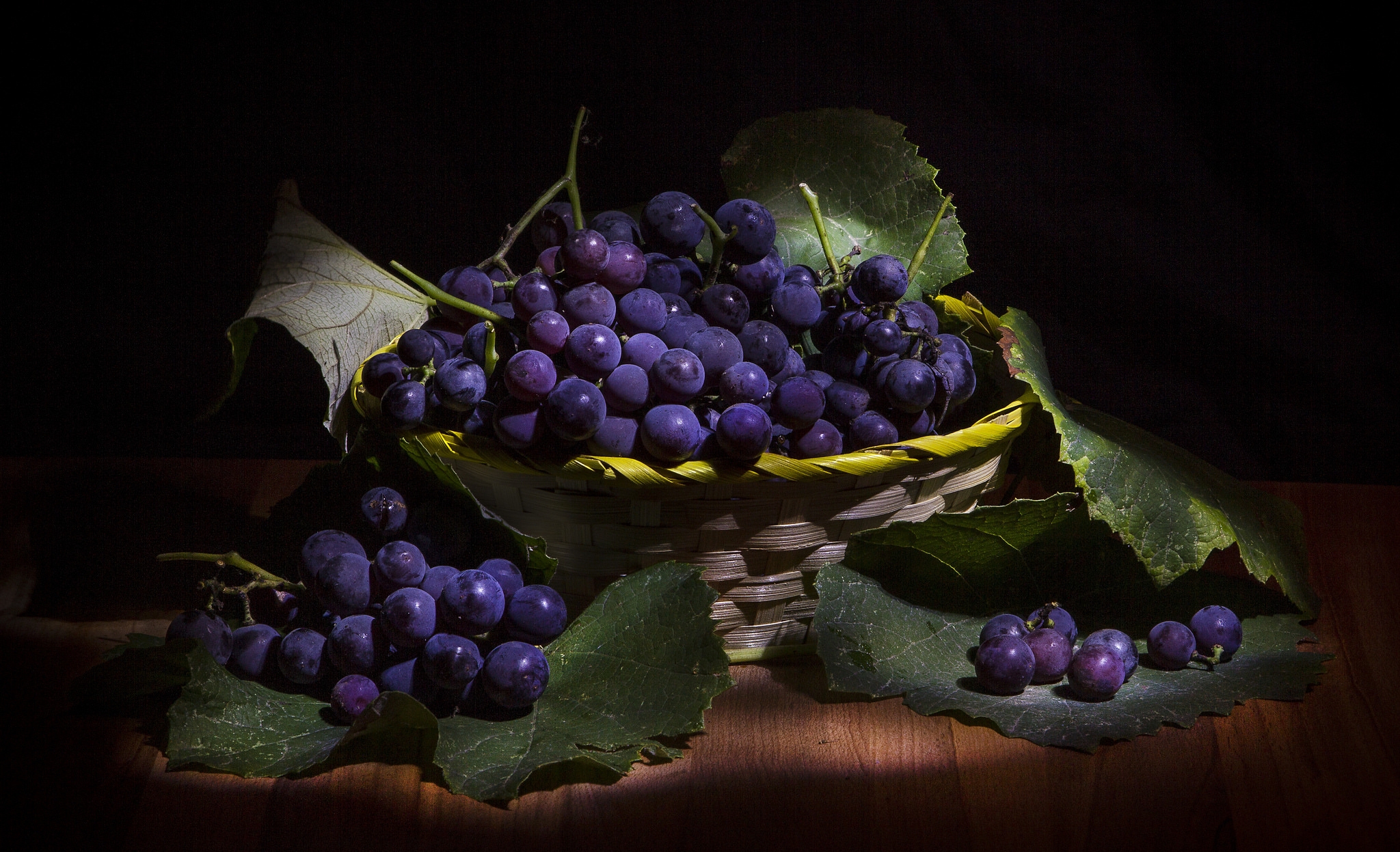 Download mobile wallpaper Fruits, Food, Grapes, Still Life, Leaf, Purple, Basket for free.