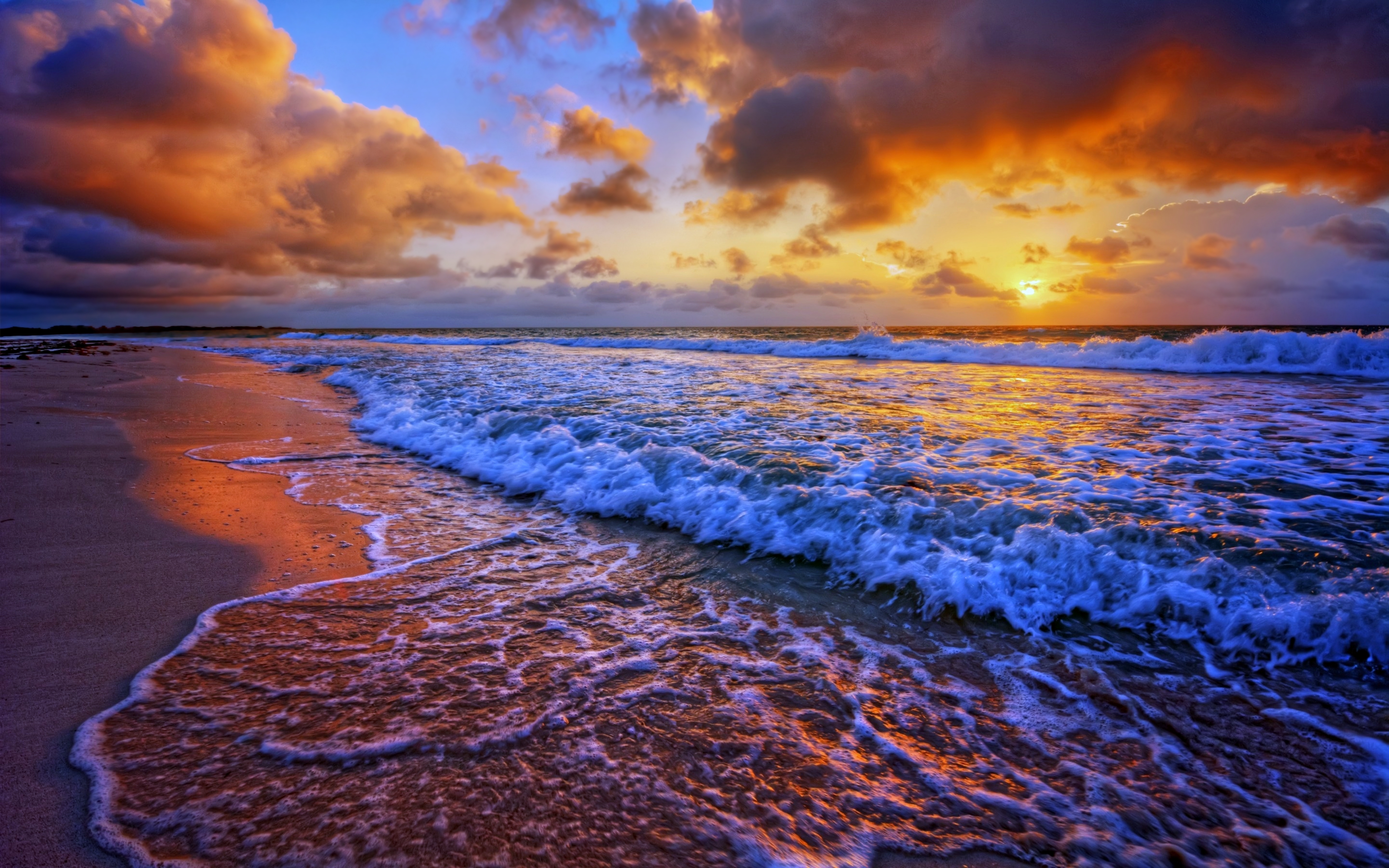 Download mobile wallpaper Nature, Sunset, Beach, Sand, Ocean, Earth, Cloud, Wave for free.