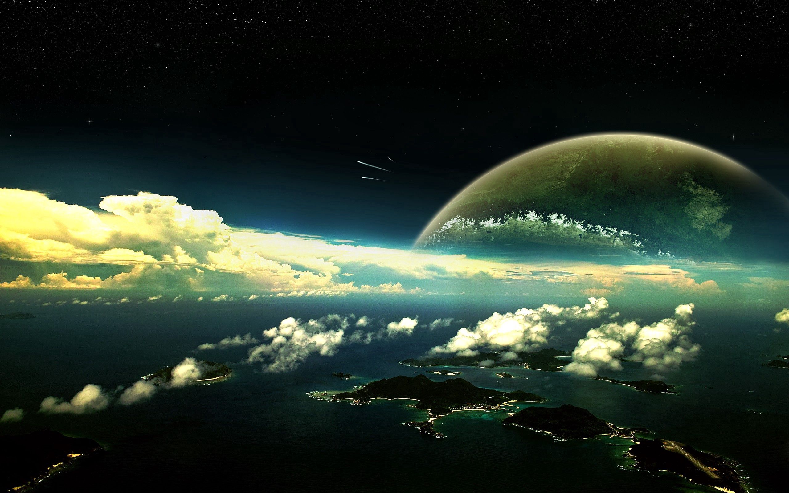 planet, water, fantasy, sky, clouds, islands