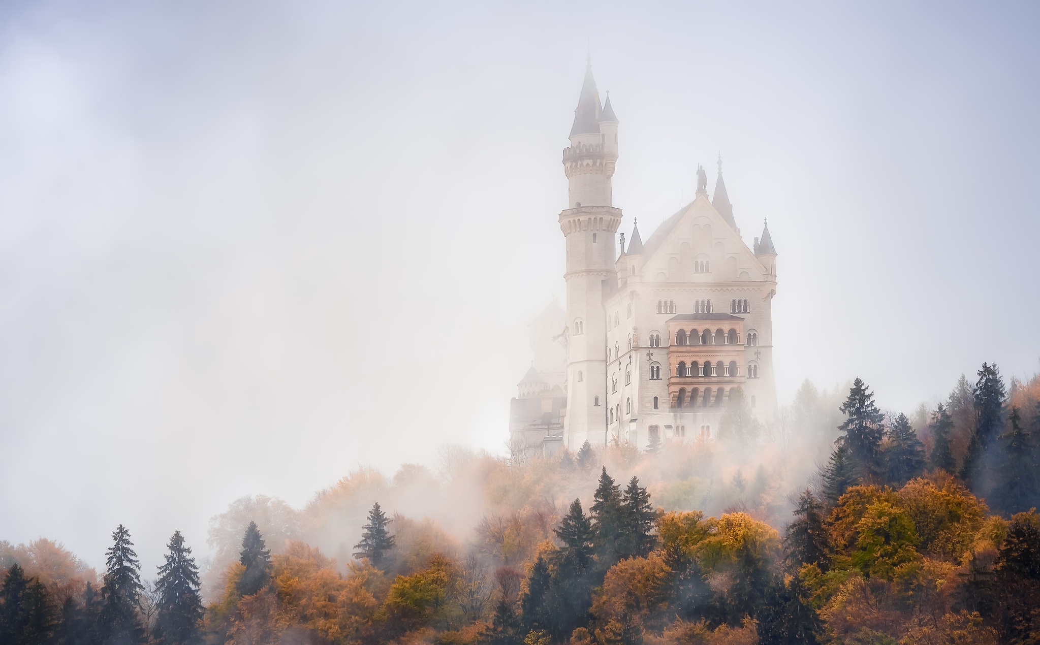 Laden Sie das Schlösser, Nebel, Deutschland, Schloss Neuschwanstein, Menschengemacht, Schloss-Bild kostenlos auf Ihren PC-Desktop herunter