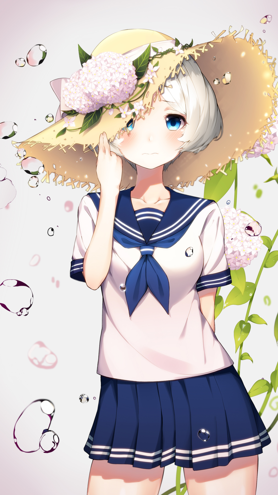 Download mobile wallpaper Anime, Water, Flower, Schoolgirl, Blue Eyes, Original, School Uniform, Short Hair, White Hair, Straw Hat for free.