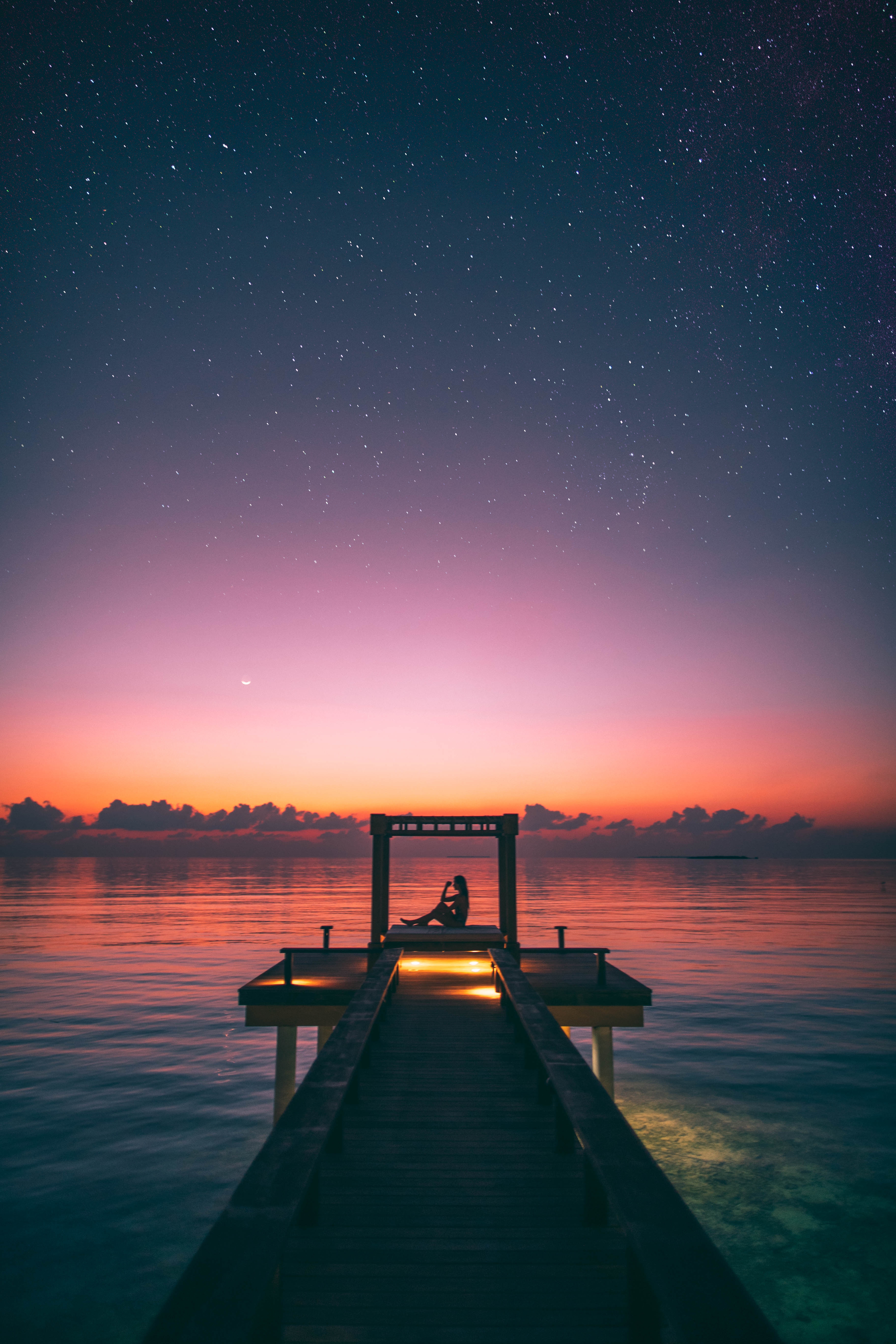 pier, loneliness, twilight, dark, silhouette, starry sky, dusk Full HD