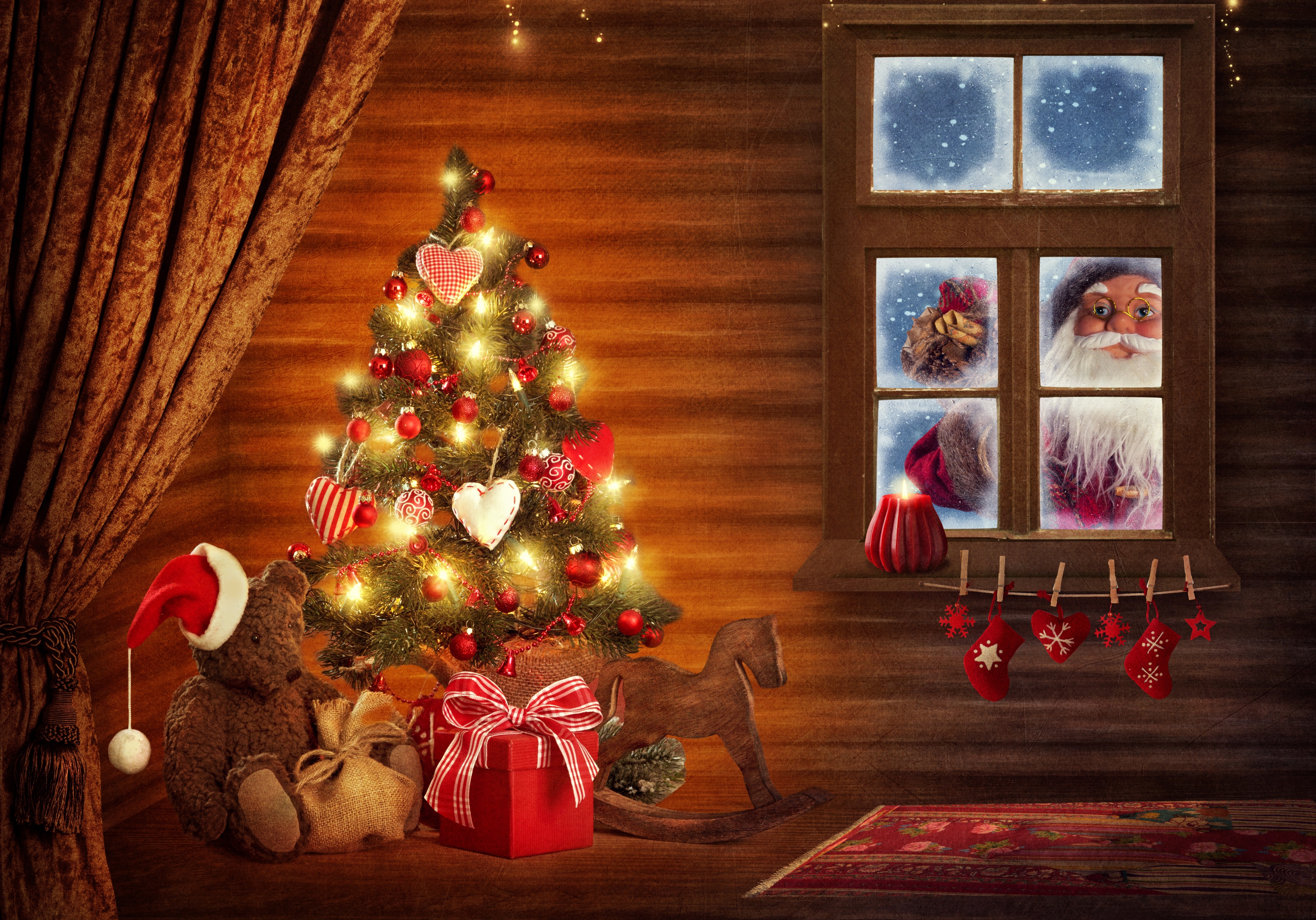 666016 baixar papel de parede árvore de natal, natal, decoração, feriados, vela, enfeites de natal, presente, gorro do papai noel, papai noel, urso teddy, janela - protetores de tela e imagens gratuitamente