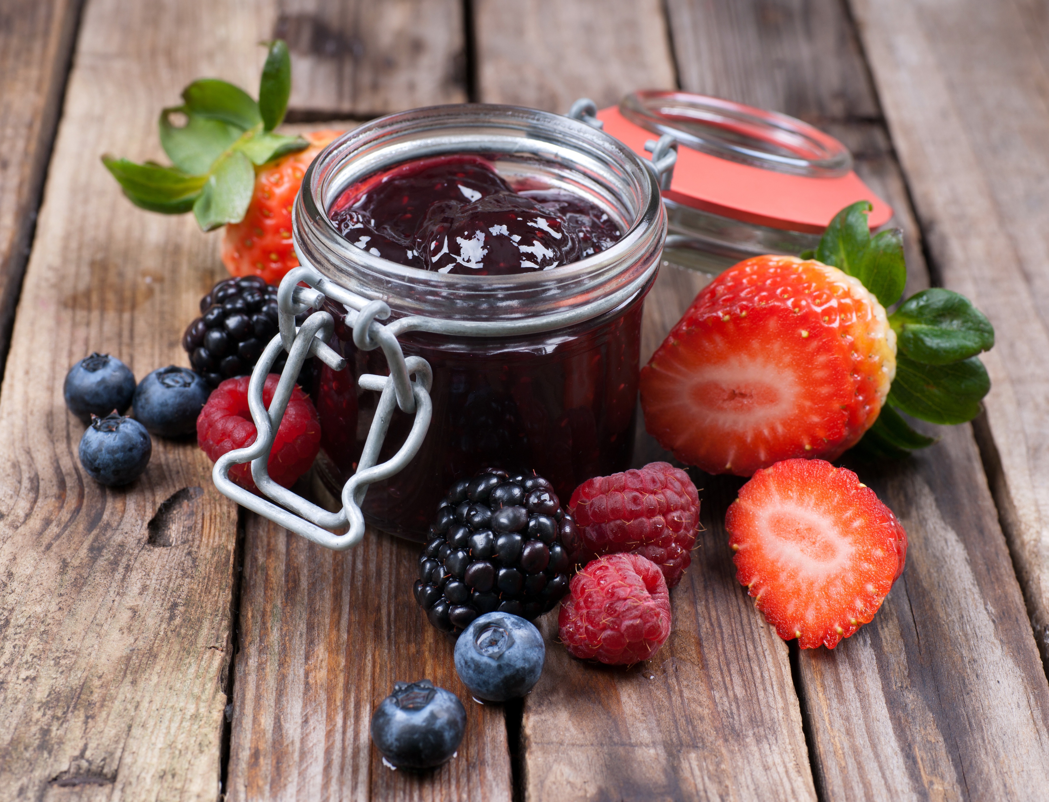 Download mobile wallpaper Food, Strawberry, Blueberry, Raspberry, Still Life, Blackberry, Berry, Fruit, Jam for free.