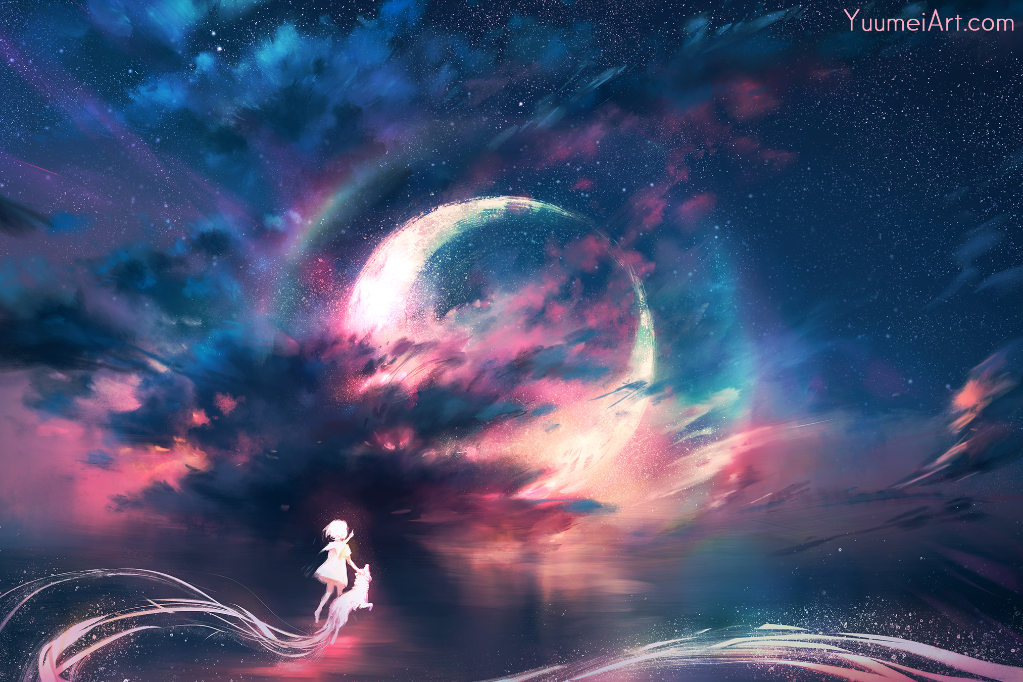 Baixe gratuitamente a imagem Anime, Fantasia, Cão, Céu Estrelado, Planeta, Nuvem, Original na área de trabalho do seu PC