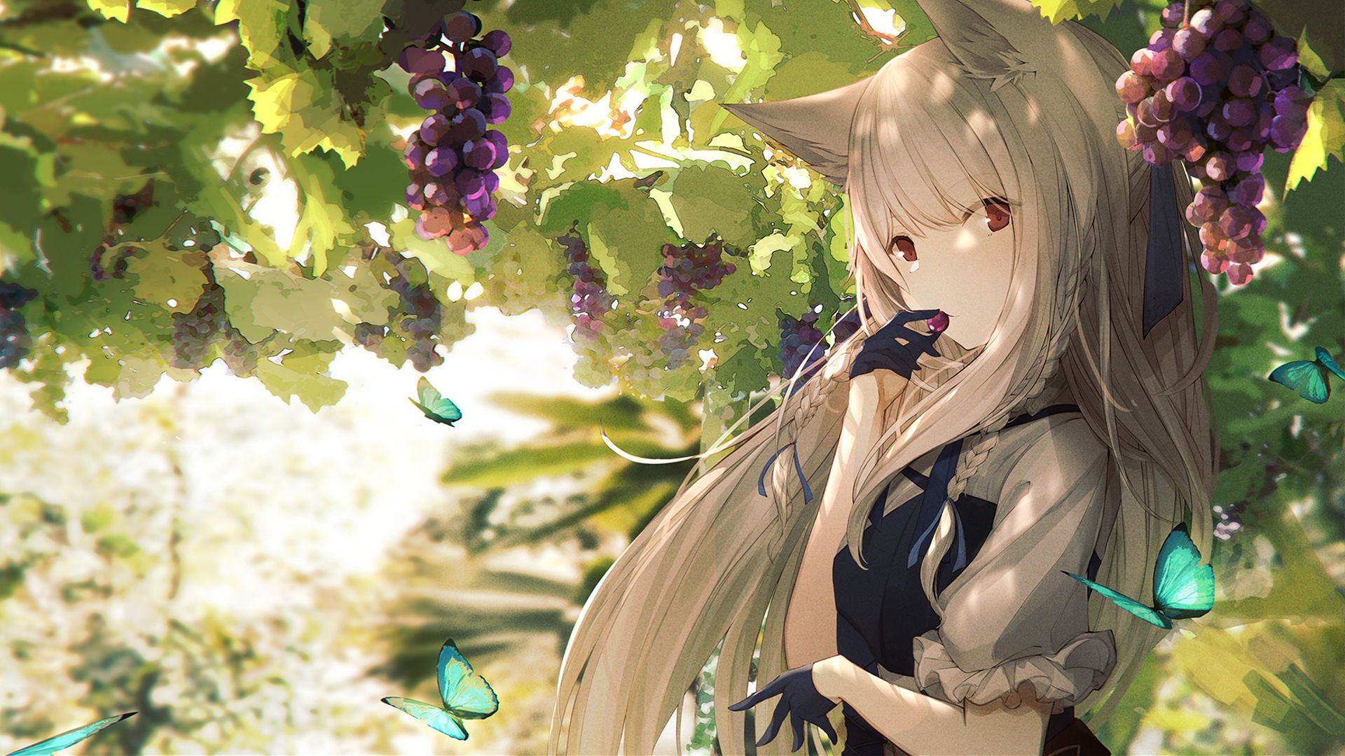 Download mobile wallpaper Anime, Grapes, Butterfly, Original, Red Eyes, Long Hair, White Hair, Animal Ears for free.