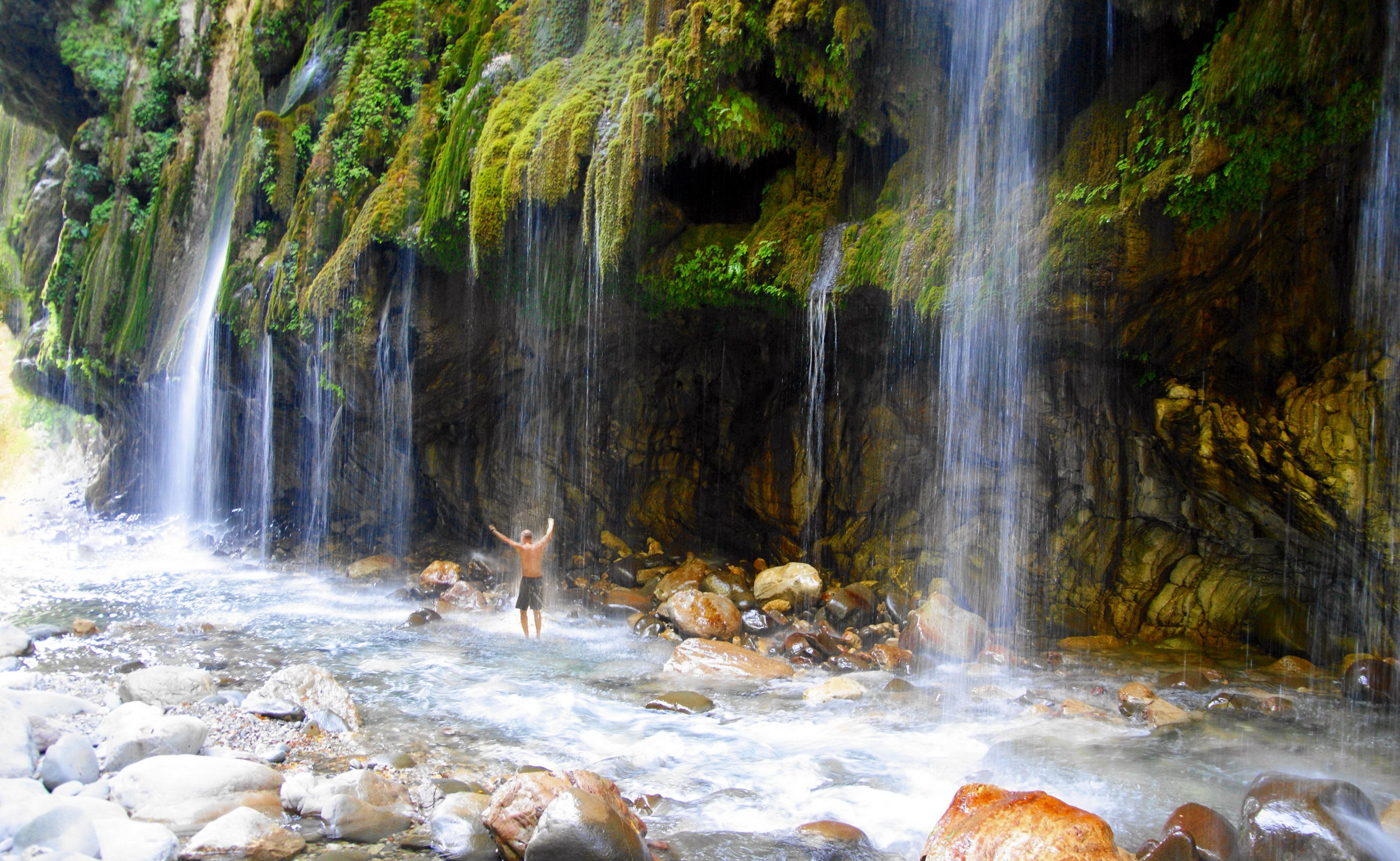 nature, stones, rocks, waterfall, guy, back, greece
