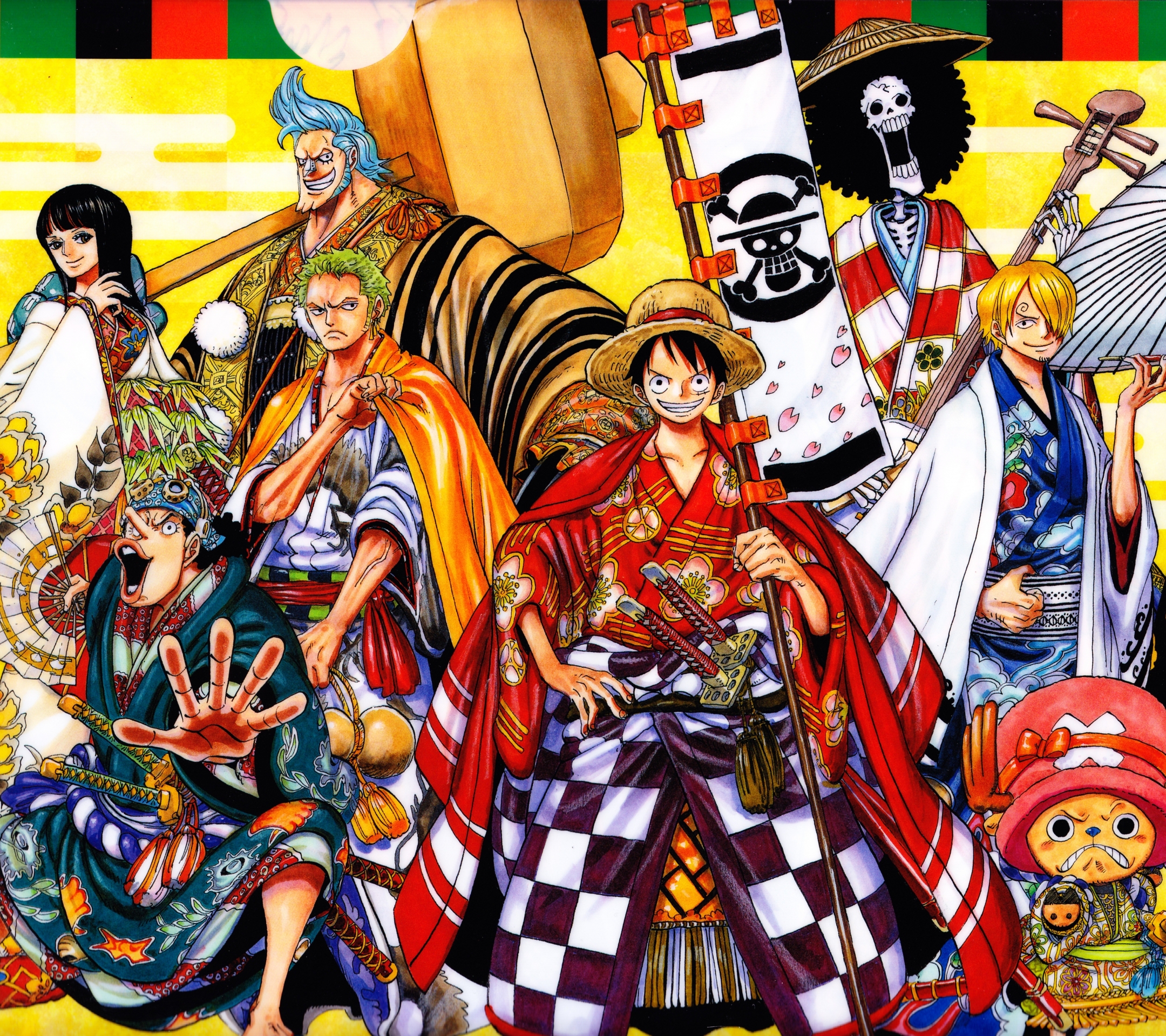Handy-Wallpaper Animes, One Piece, Tony Tony Chopper, Lysop (One Piece), Roronoa Zorro, Affe D Luffy, Nami (Einteiler), Sanji (Einteiler), Nico Robin, Franky (Einteiler), Japanische Kleidung kostenlos herunterladen.