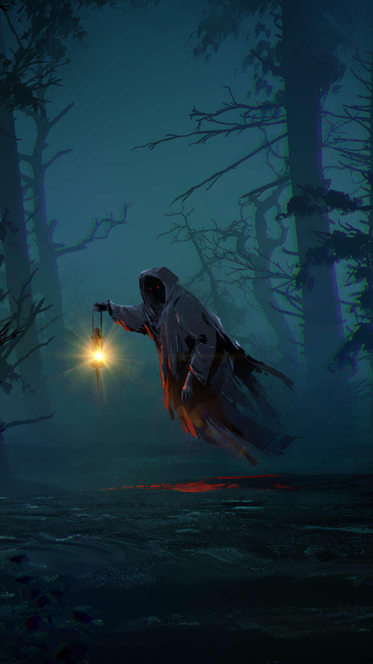 ghost, dark, lantern, forest, cloak, night Smartphone Background