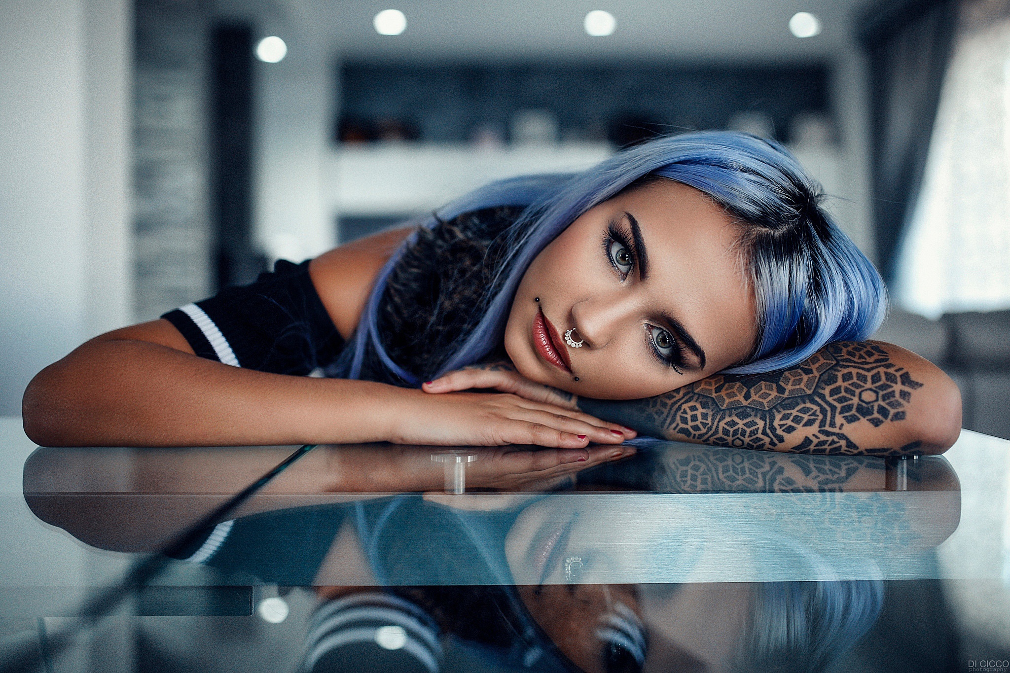 Download mobile wallpaper Tattoo, Photography, Model, Women, Piercing, Blue Hair, Lipstick for free.