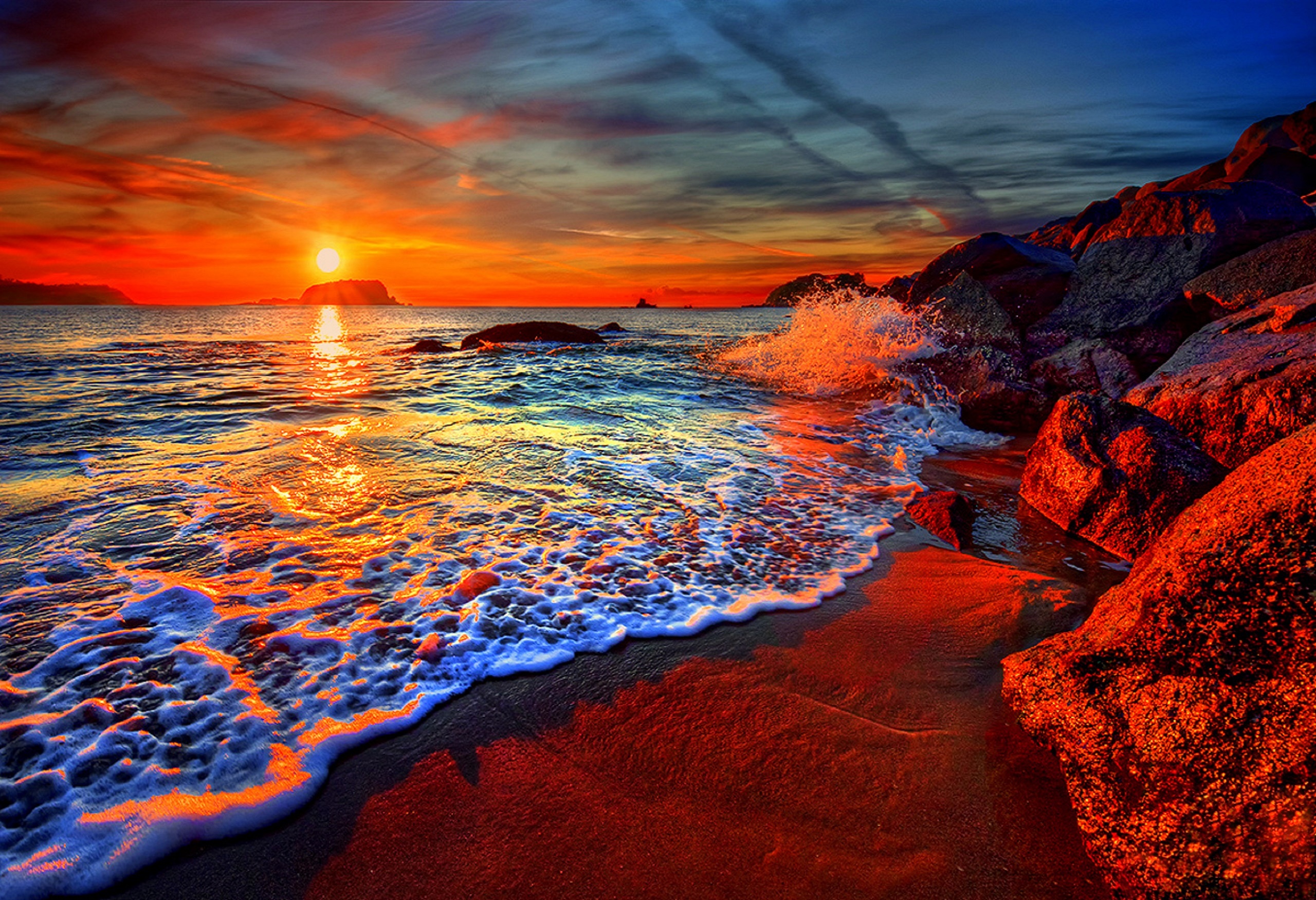 Download mobile wallpaper Sunset, Sea, Beach, Horizon, Coast, Ocean, Earth for free.
