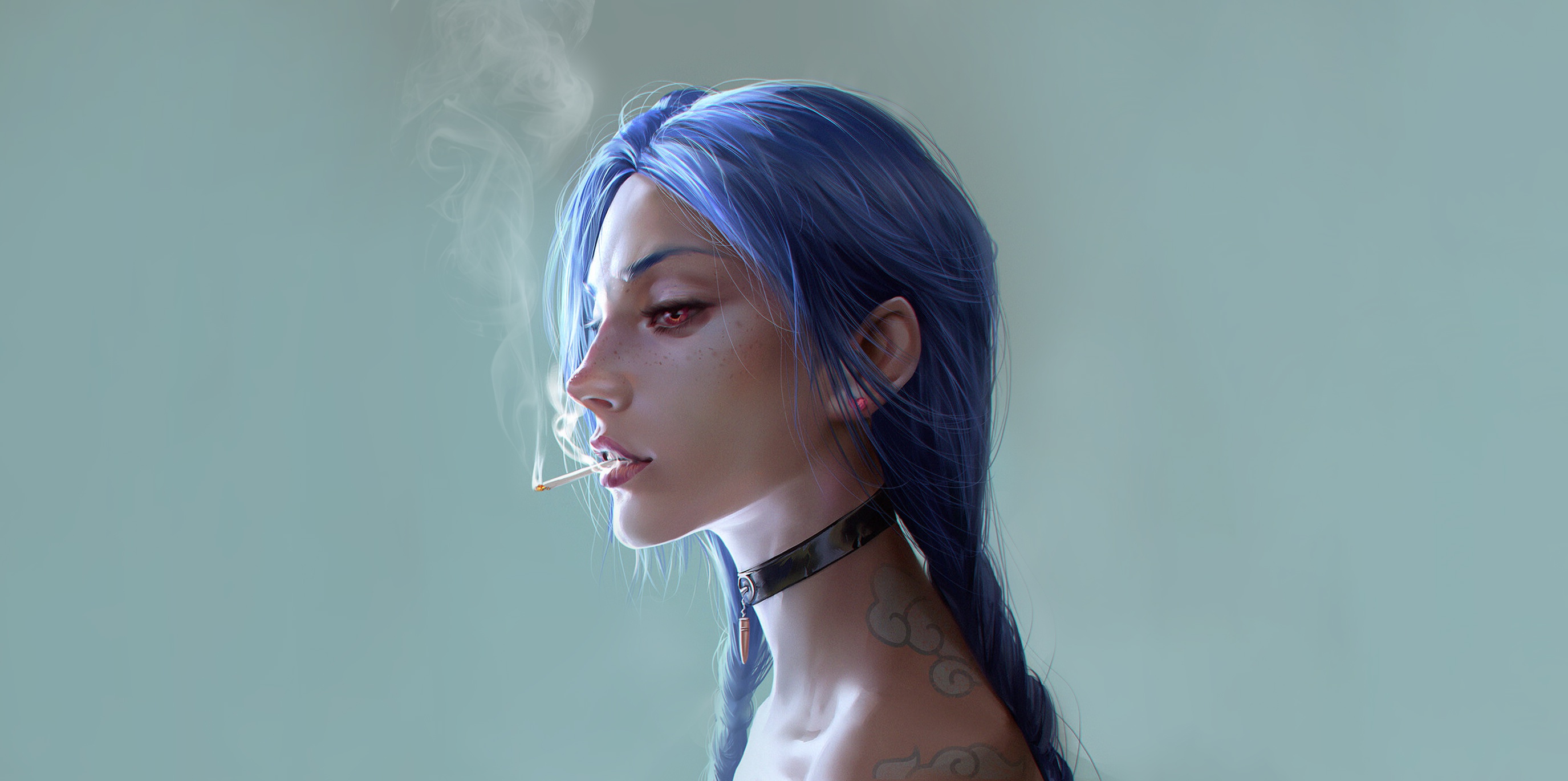 Download mobile wallpaper League Of Legends, Blue Hair, Video Game, Smoking, Jinx (League Of Legends) for free.