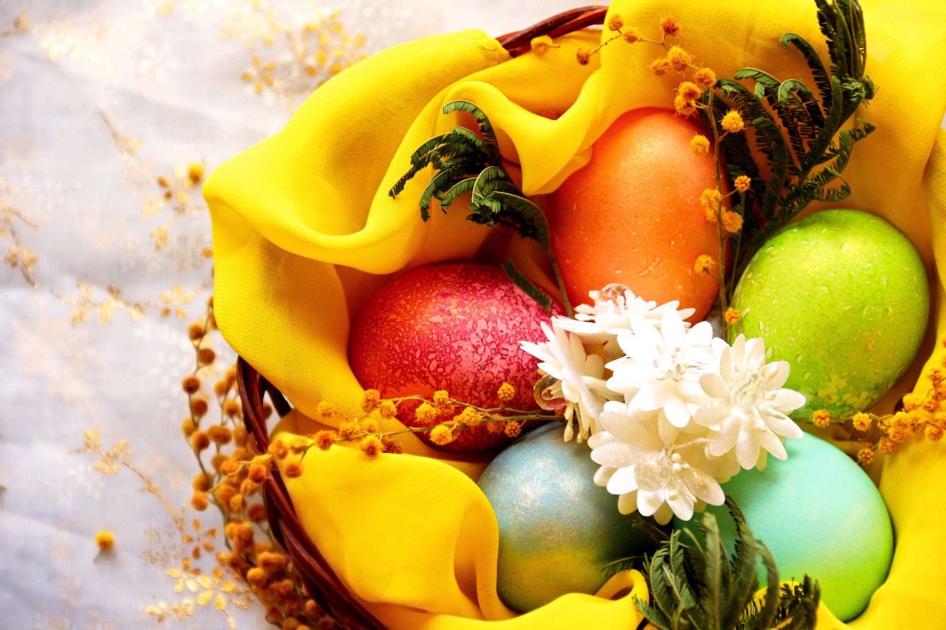 Laden Sie das Feiertage, Ostern, Blume, Bunt, Korb, Osterei-Bild kostenlos auf Ihren PC-Desktop herunter