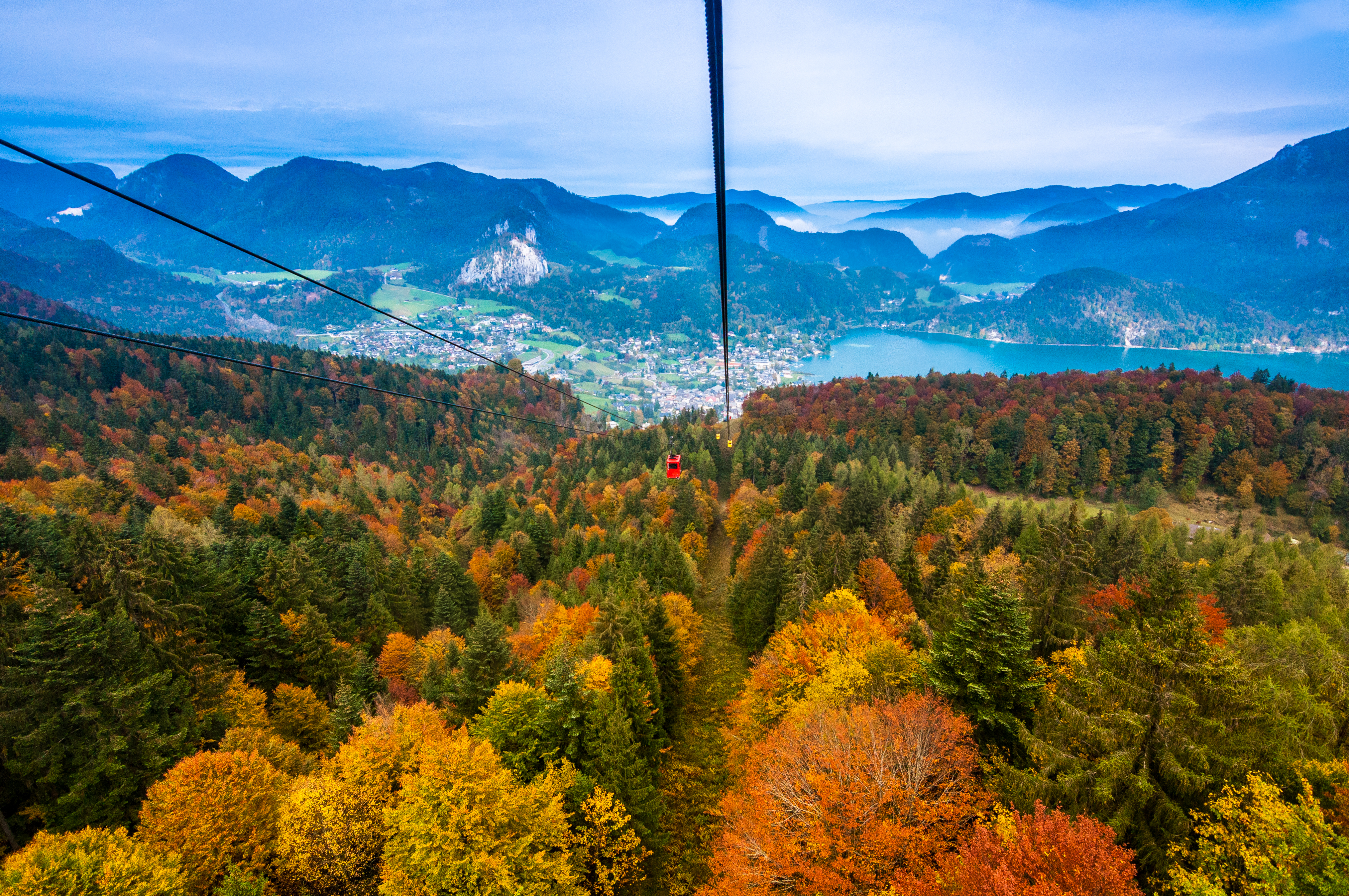autumn, view from above, nature, trees, mountains, cable car, cableway