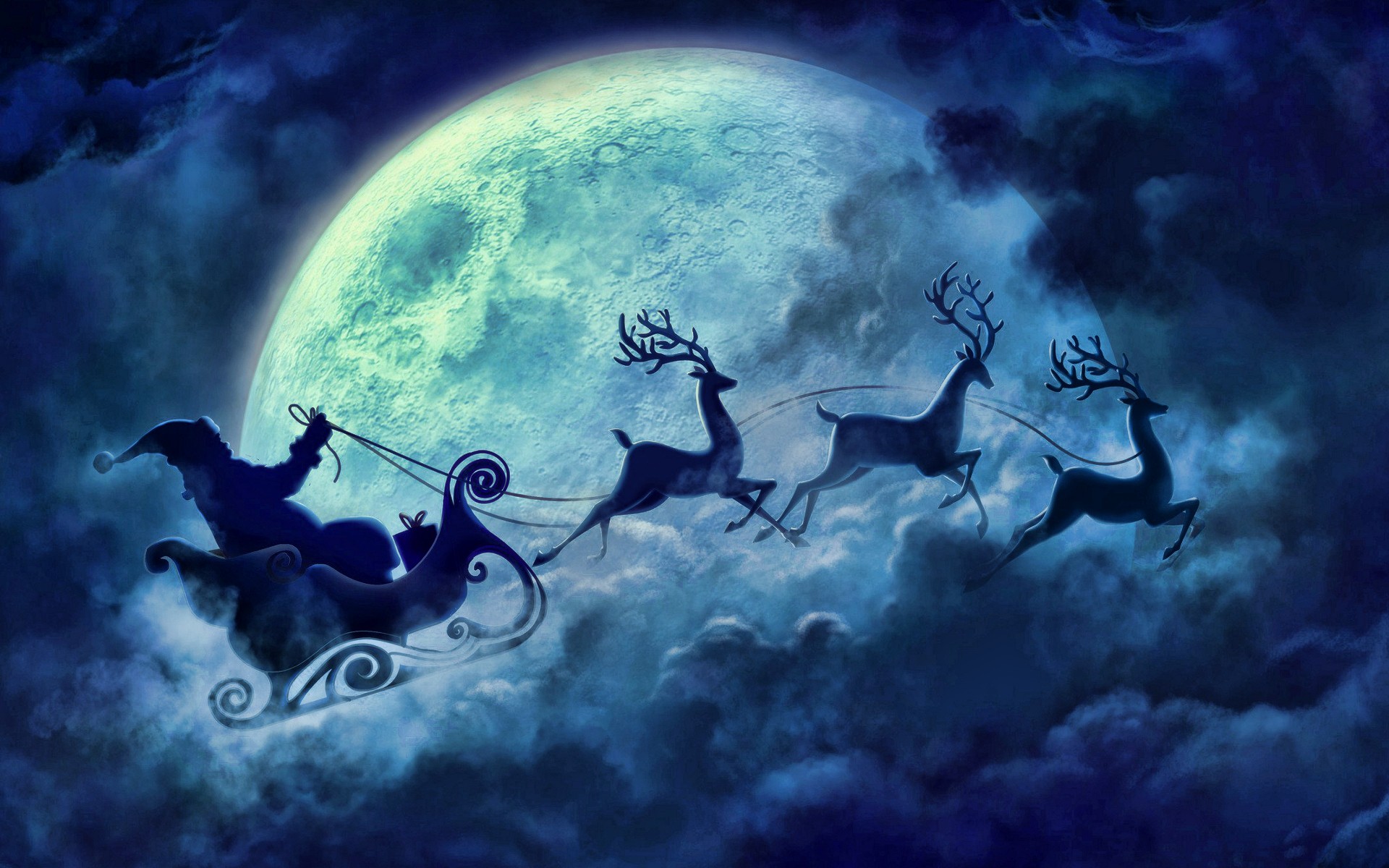 Download mobile wallpaper Night, Moon, Christmas, Holiday, Sleigh, Santa, Reindeer for free.