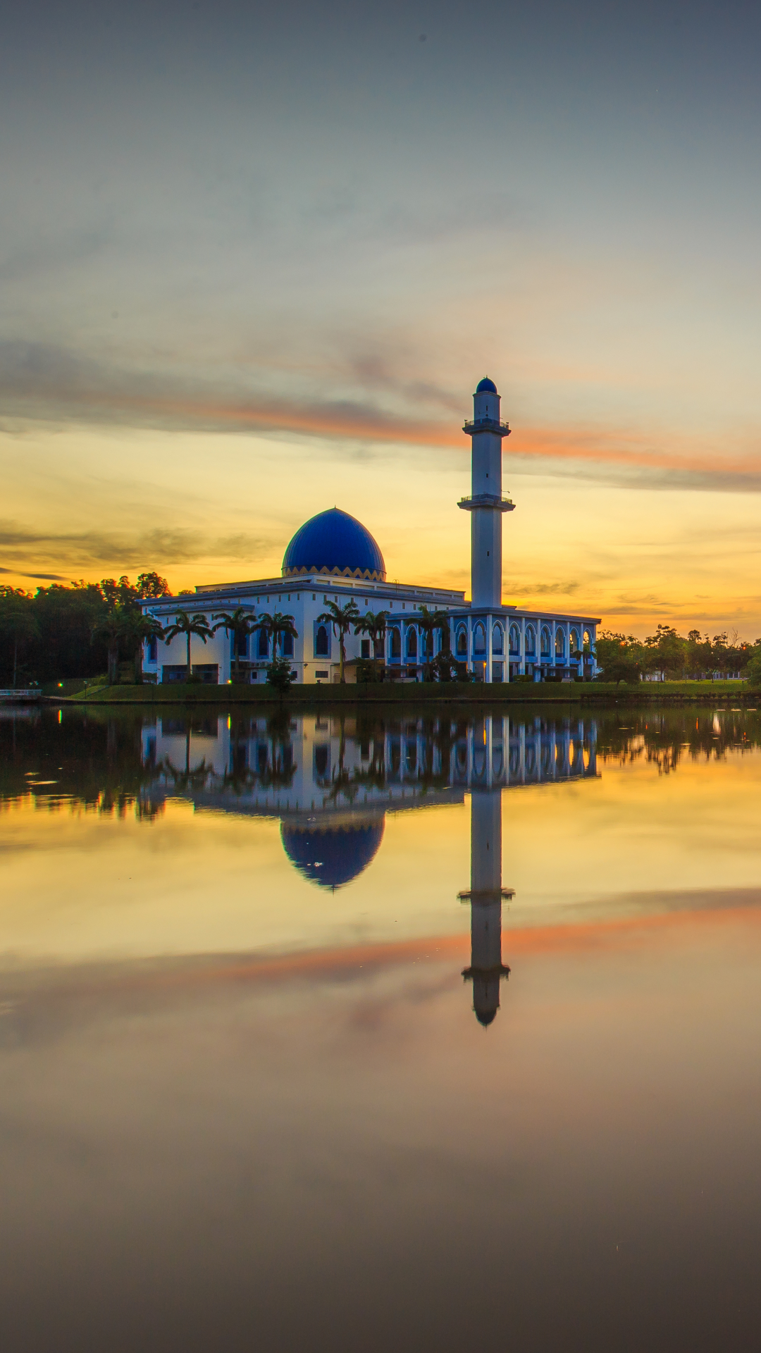 Download mobile wallpaper Sunset, Architecture, Reflection, Sunrise, Malaysia, Mosque, Religious, Mosques for free.