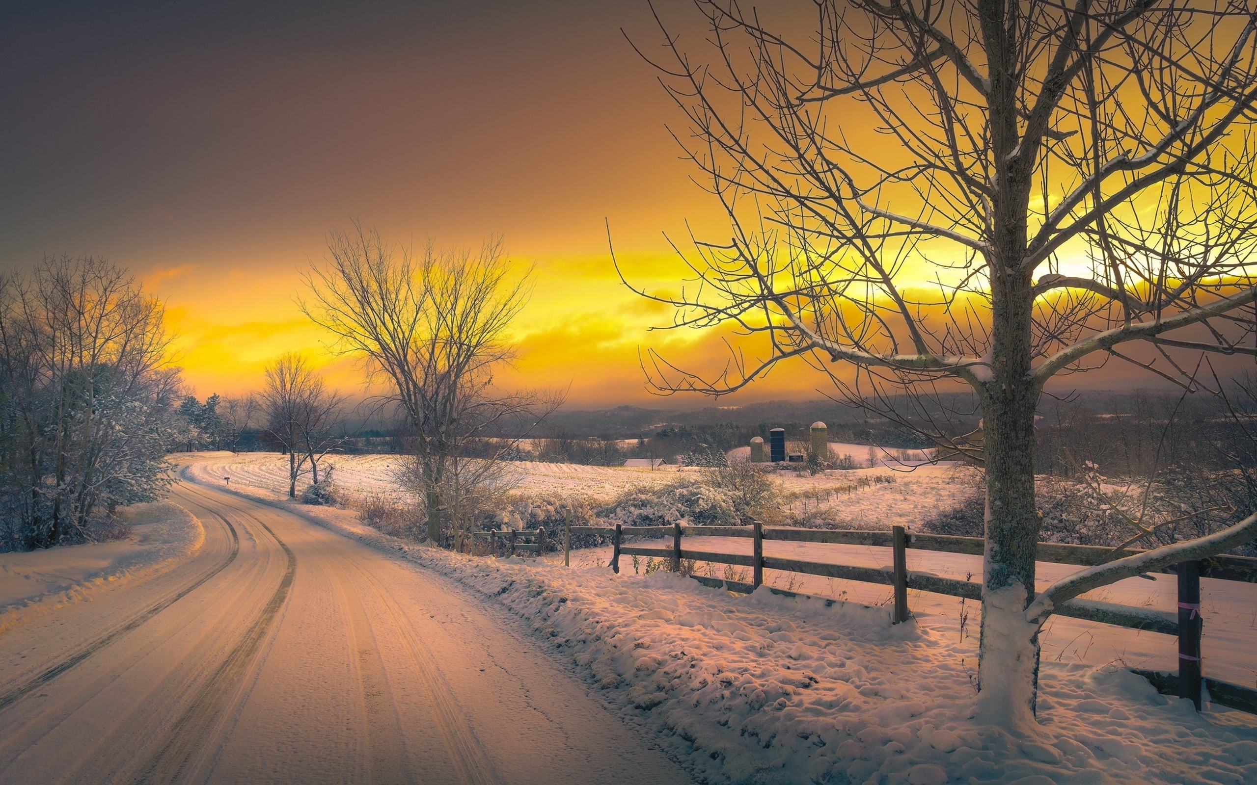 Free download wallpaper Winter, Sunset, Snow, Road, Tree, Fence, Photography on your PC desktop