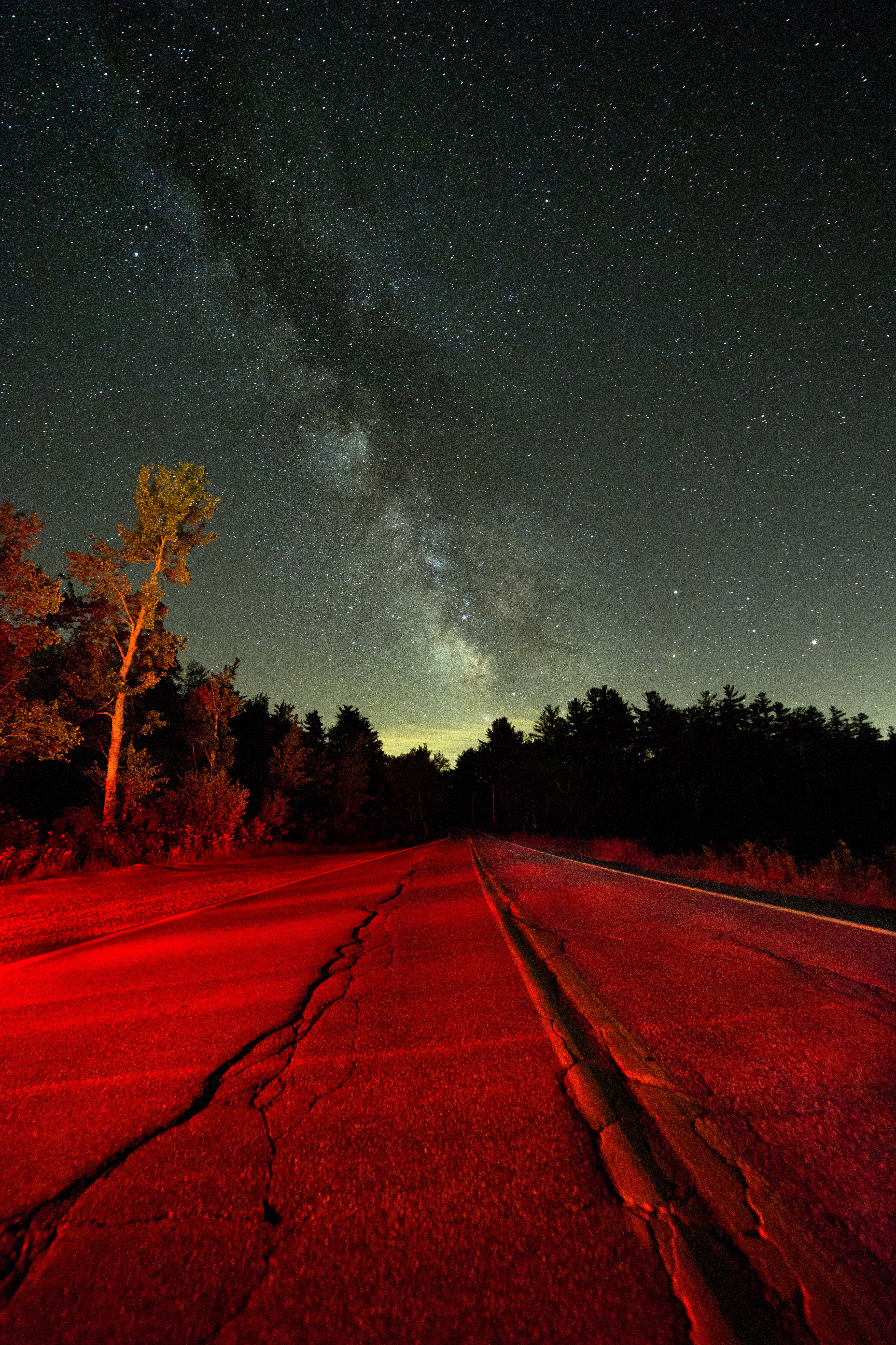 Download mobile wallpaper Road, Trees, Starry Sky, Nature, Shine, Light, Night for free.