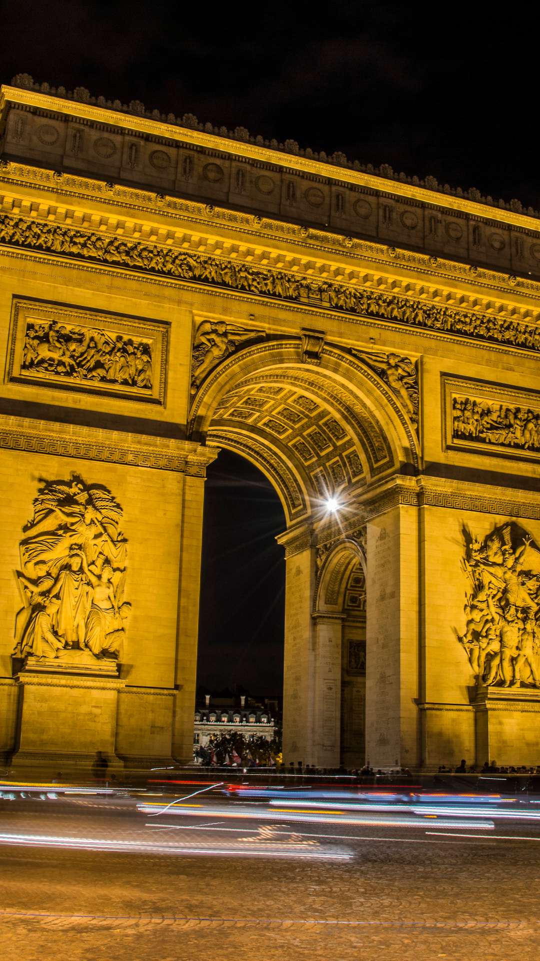 Download mobile wallpaper Night, Paris, Monuments, Light, France, Monument, Arc De Triomphe, Man Made, Time Lapse for free.