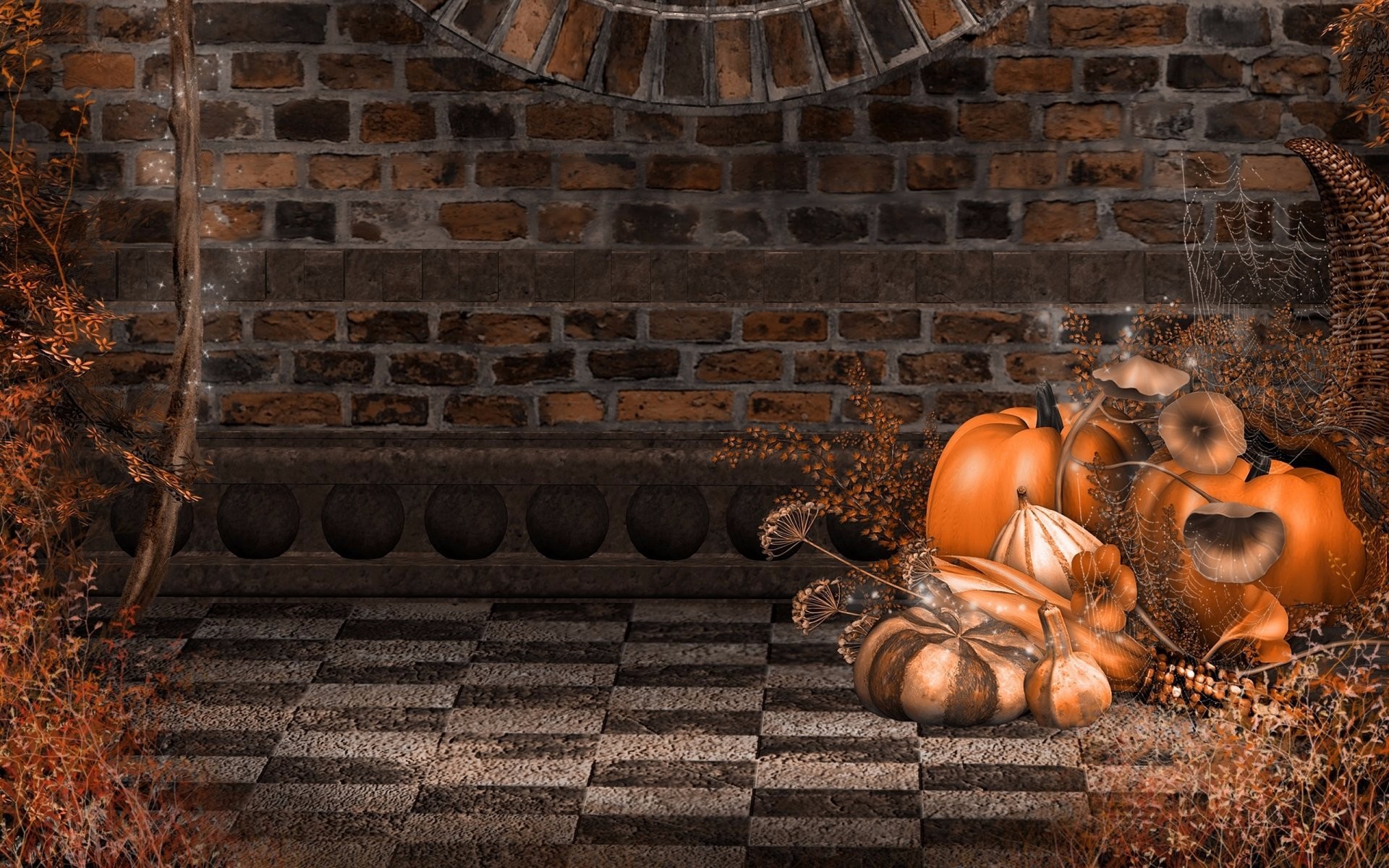 Free download wallpaper Pumpkin, Fall, Artistic, Brick, Gourd on your PC desktop