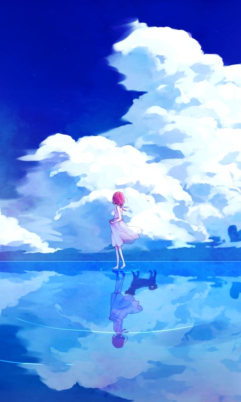 Baixar papel de parede para celular de Anime, Água, Reflexão, Nuvem, Original, Cabelo Rosa, Reflecção gratuito.