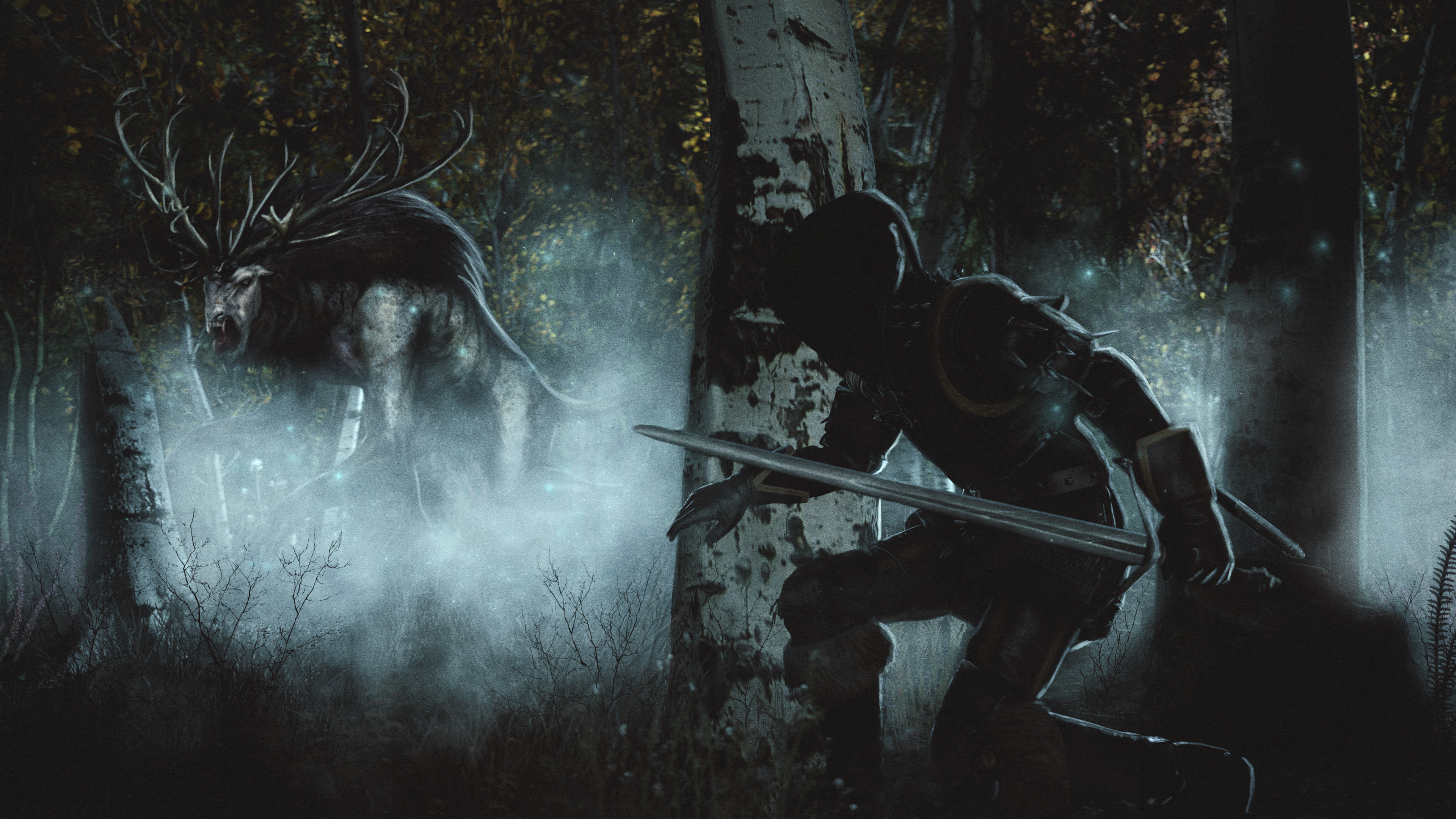 Free download wallpaper Night, Forest, Fog, Warrior, Creature, Sword, Video Game, The Witcher, Geralt Of Rivia, The Witcher 3: Wild Hunt on your PC desktop