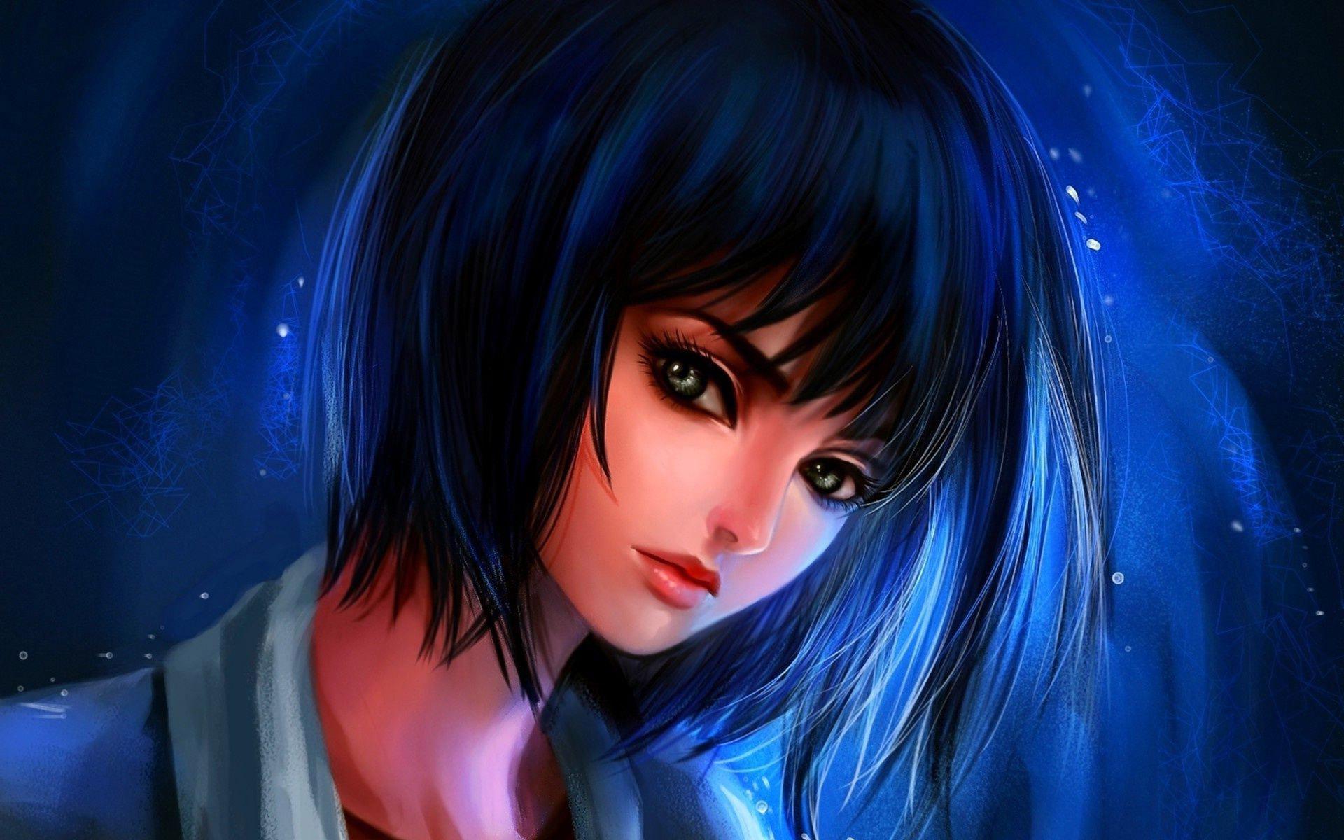 Free download wallpaper Painting, Artistic, Face, Women, Blue Hair, Short Hair on your PC desktop
