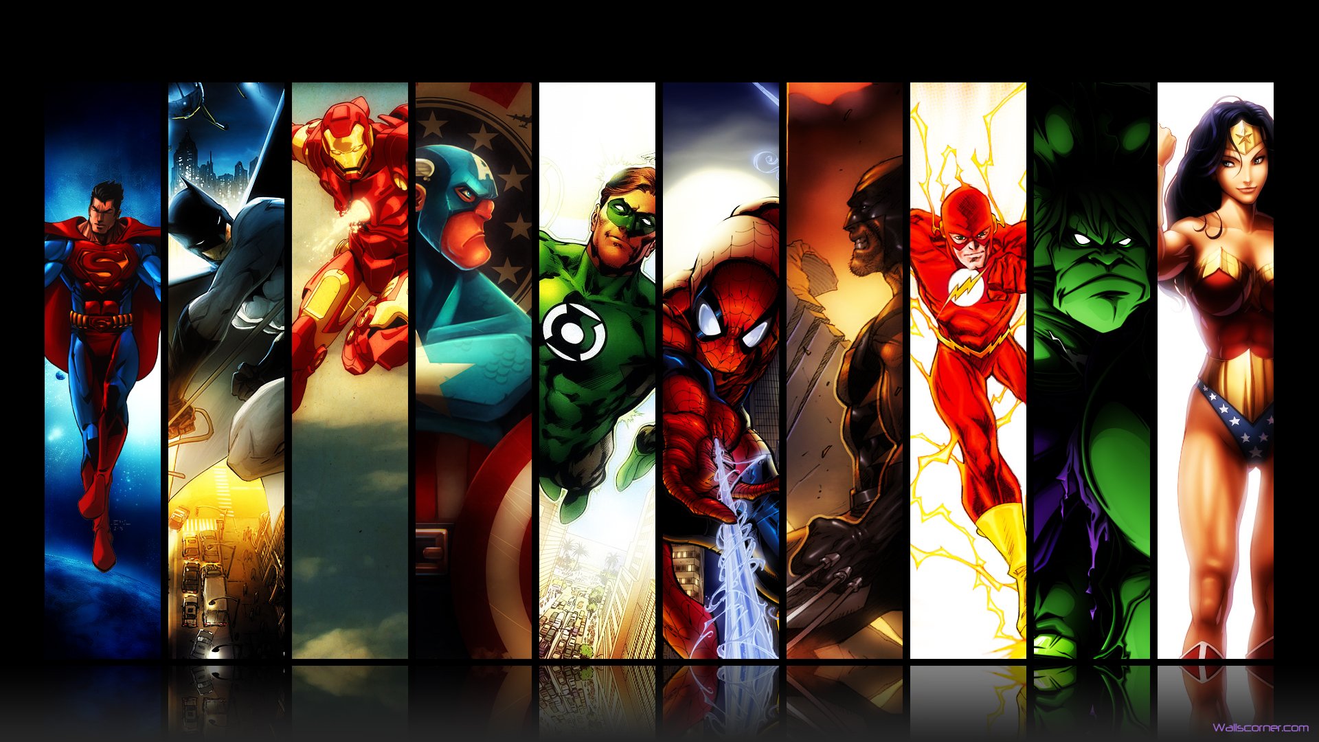 Download mobile wallpaper Spider Man, Batman, Hulk, Iron Man, Superman, Captain America, Green Lantern, Collage, Flash, Wolverine, Comics, Wonder Woman for free.