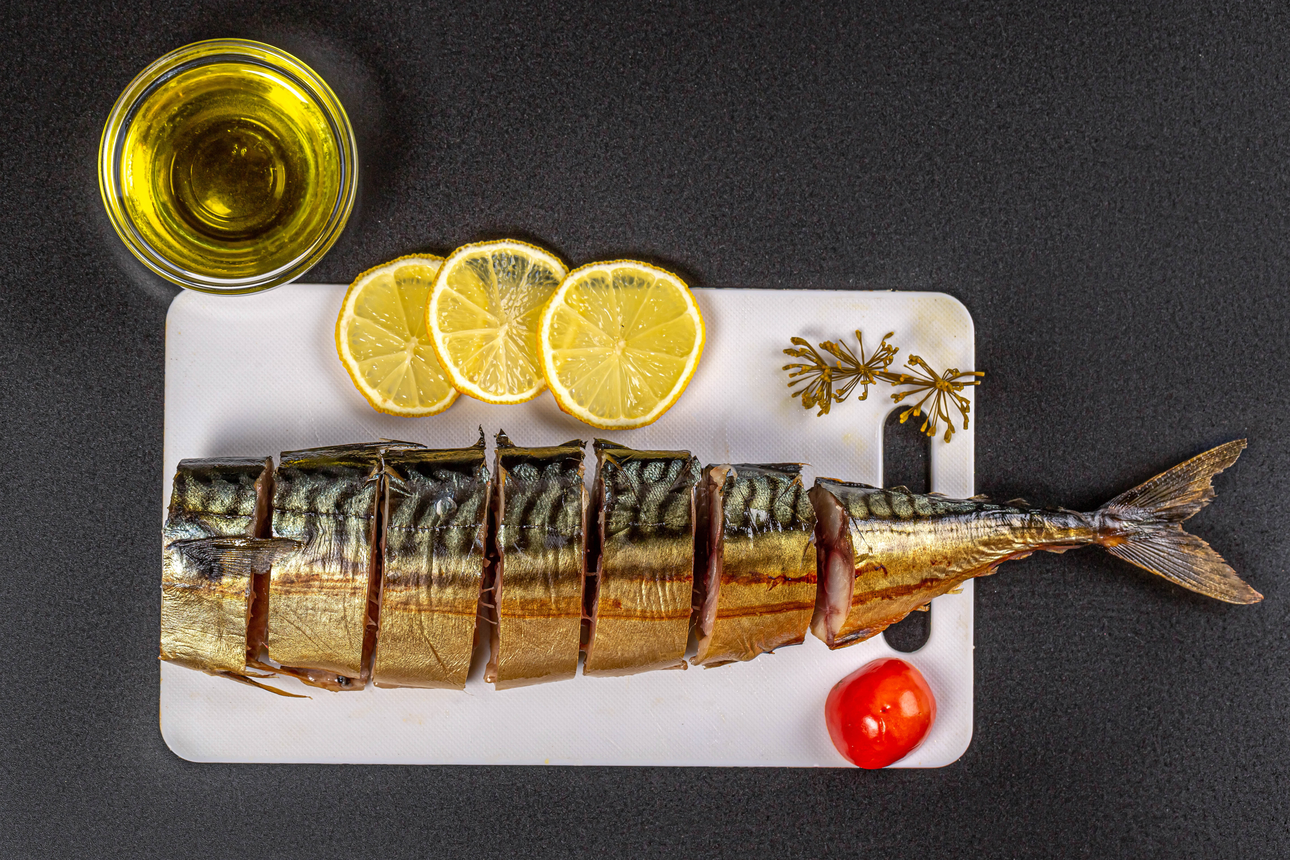 Download mobile wallpaper Food, Still Life, Lemon, Fish, Oil, Seafood for free.