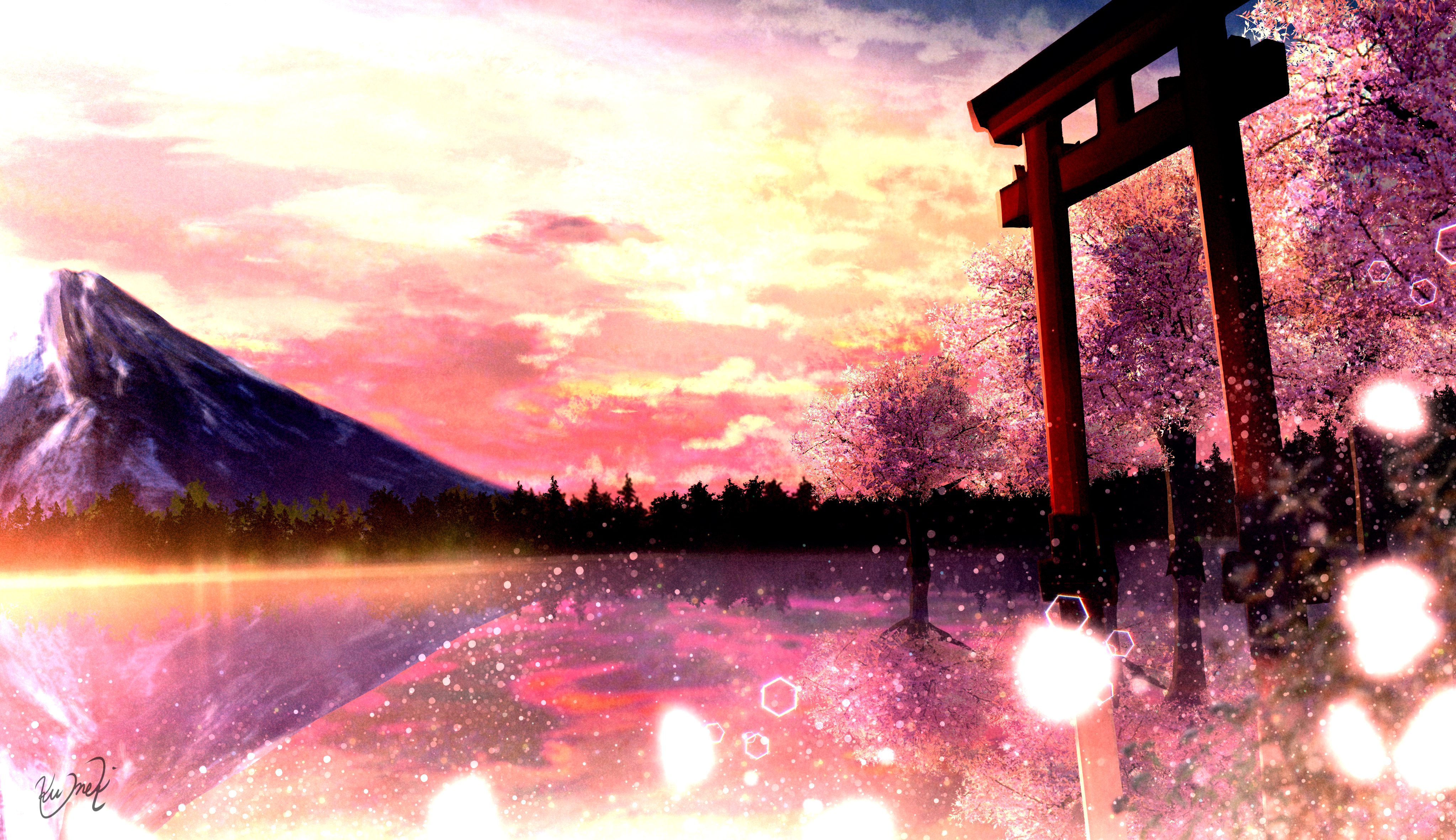 anime, shrine, cherry blossom, mountain