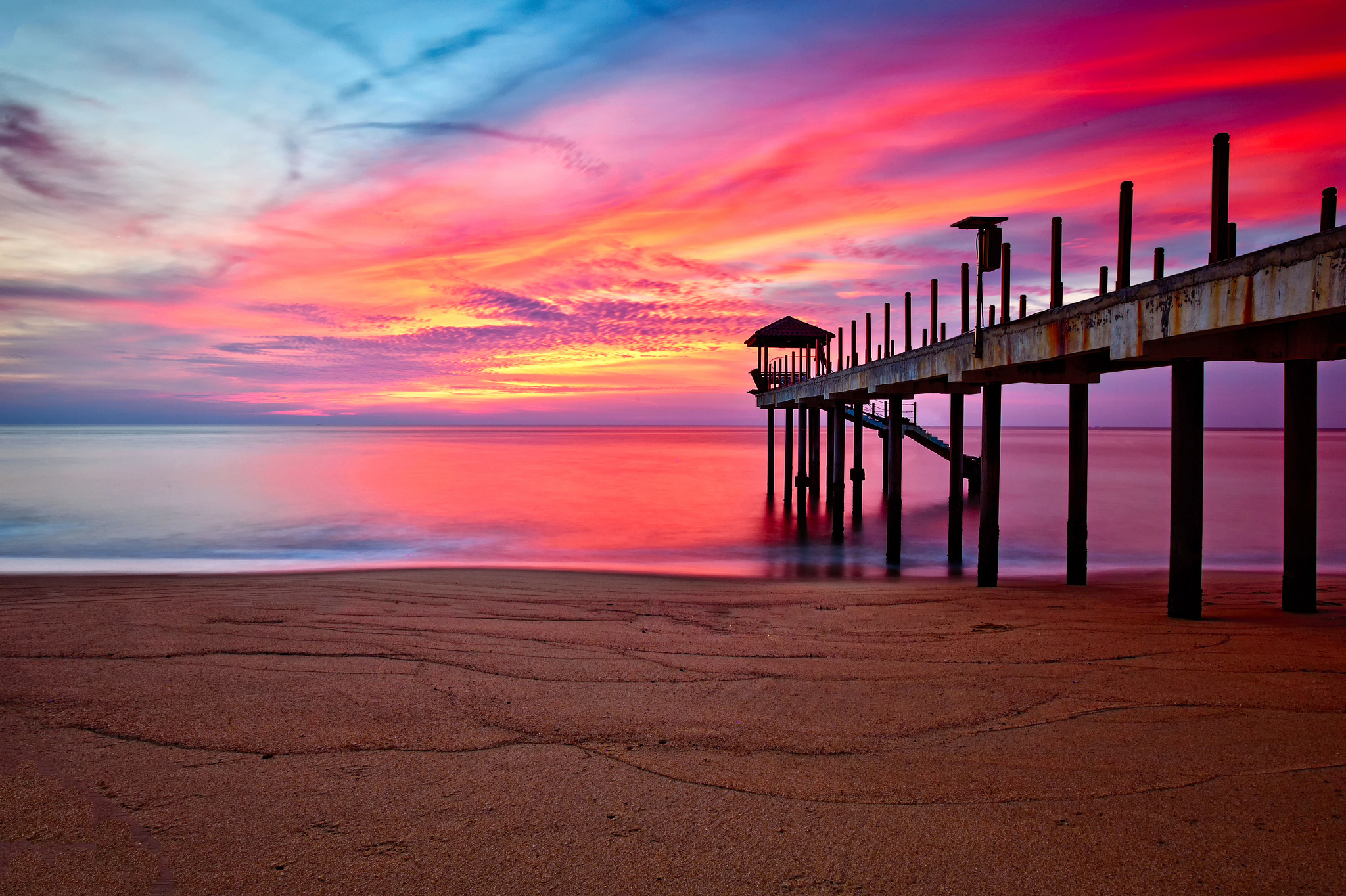 Laden Sie das Strand, Sand, Horizont, Seebrücke, Ozean, Fotografie, Himmel, Sonnenuntergang-Bild kostenlos auf Ihren PC-Desktop herunter