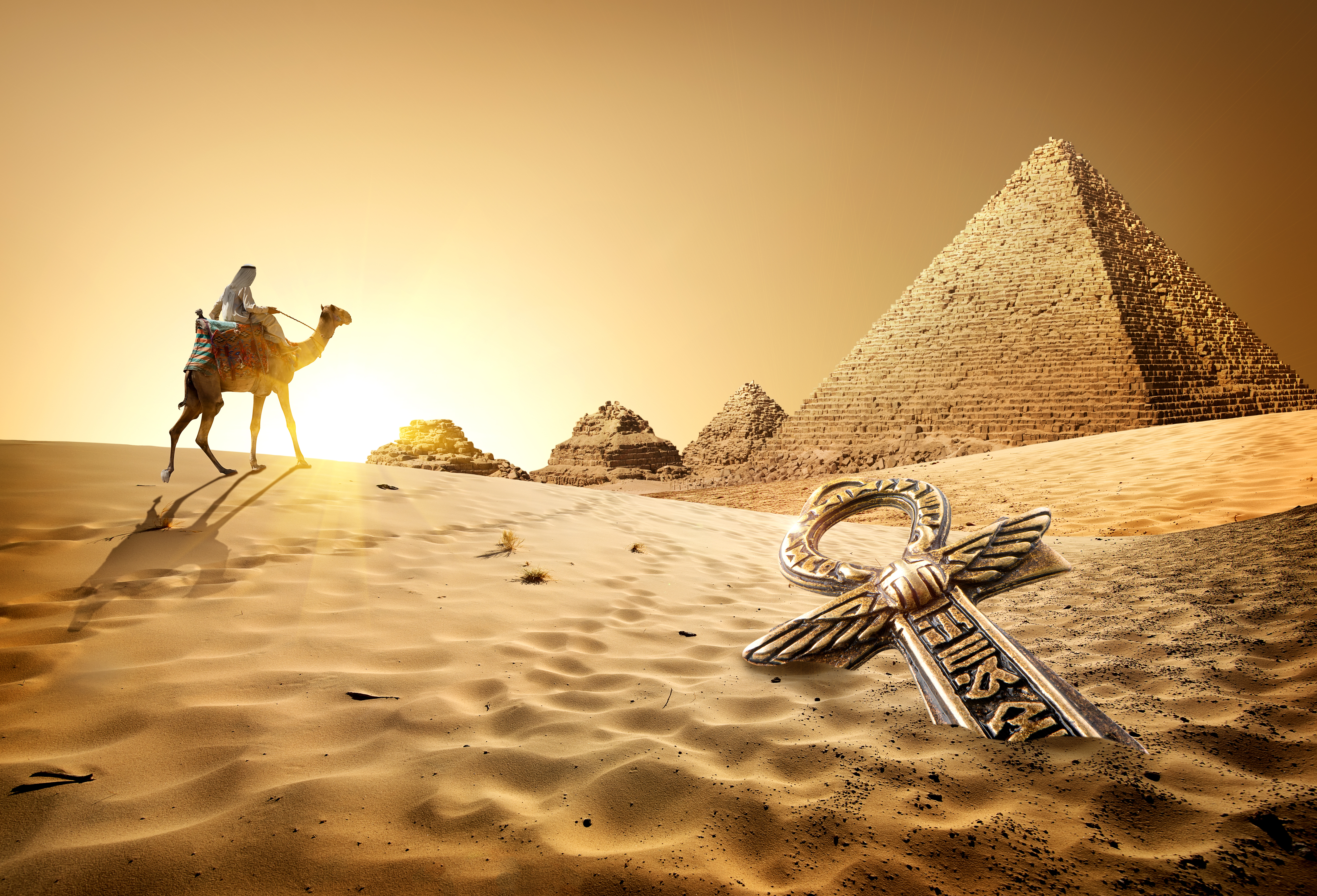 Скачать обои бесплатно Верблюды, Пирамида, Сделано Человеком, Египетский картинка на рабочий стол ПК