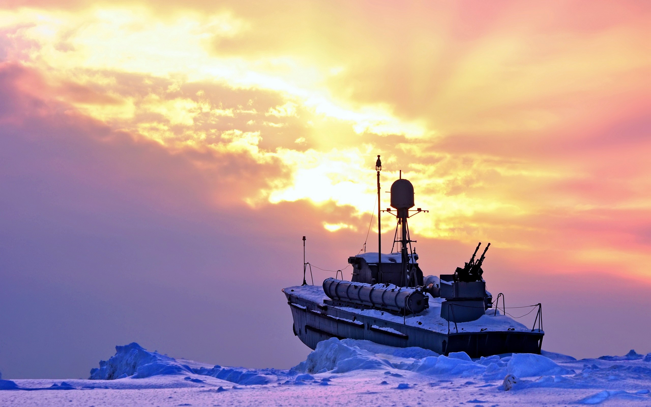 Download mobile wallpaper Warships, Ice, Military, Scenic, Snow, Winter, Sunset, Ship for free.