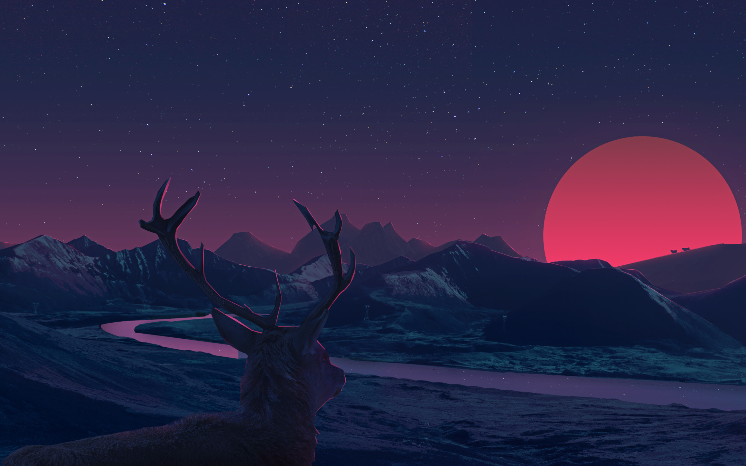 Free download wallpaper Landscape, Fantasy, Sunset, Stars, Night, Moon, Mountain, Deer, River, Fantasy Animals on your PC desktop