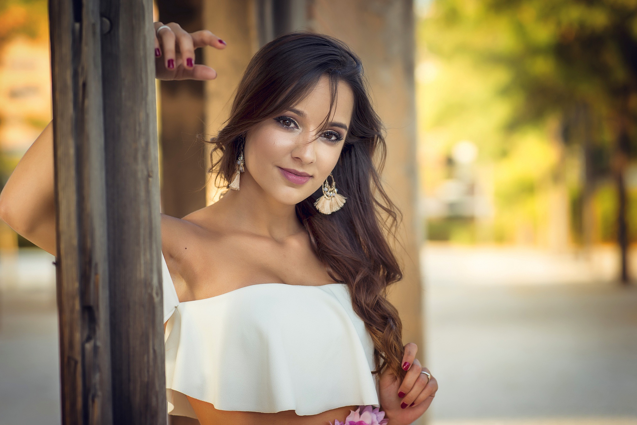 Download mobile wallpaper Brunette, Model, Women, Earrings, Brown Eyes, Long Hair, Depth Of Field for free.