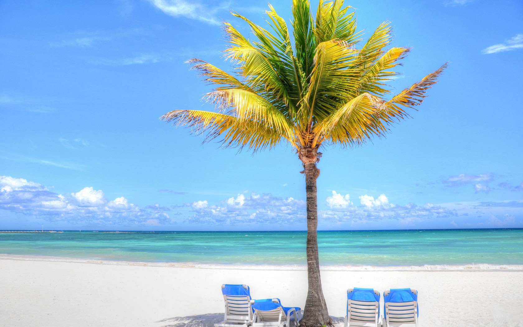 Download mobile wallpaper Nature, Sky, Beach, Horizon, Chair, Ocean, Earth, Tropics, Tropical, Palm Tree for free.