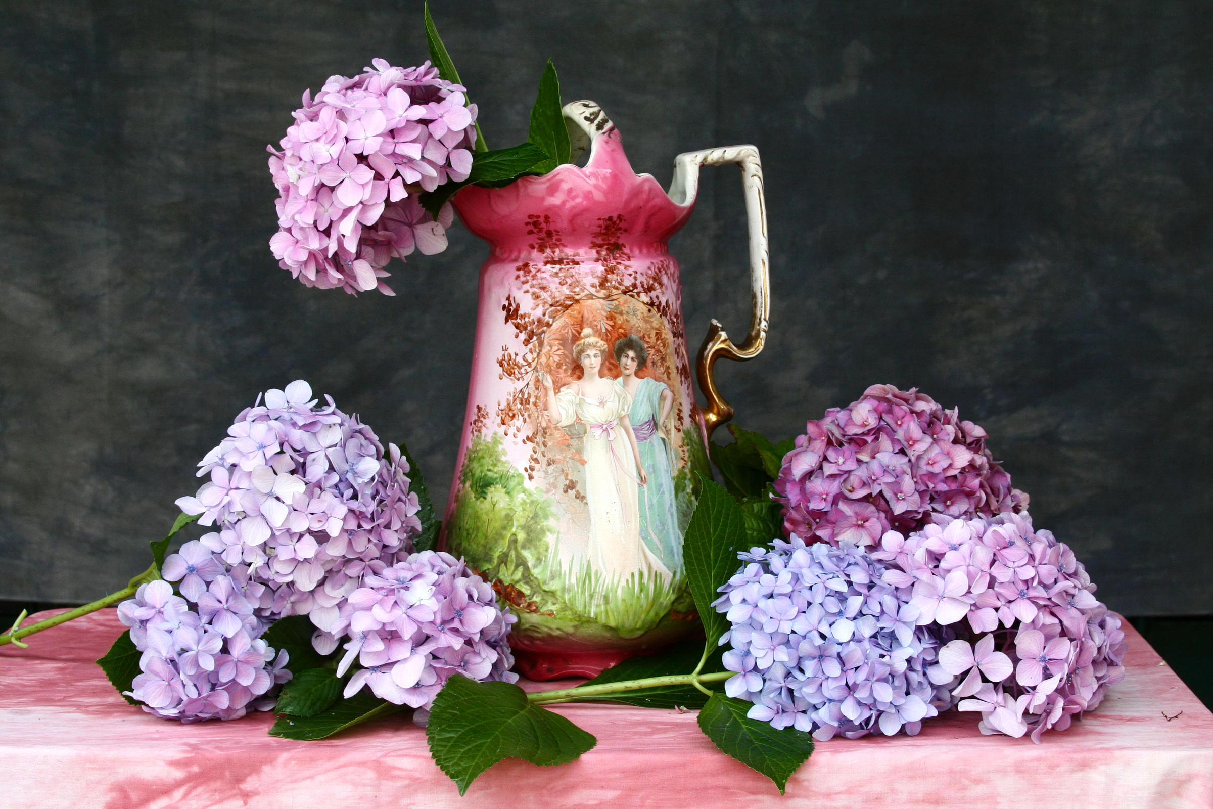 Download mobile wallpaper Still Life, Hydrangea, Photography, Purple Flower, Pink Flower, Pitcher for free.