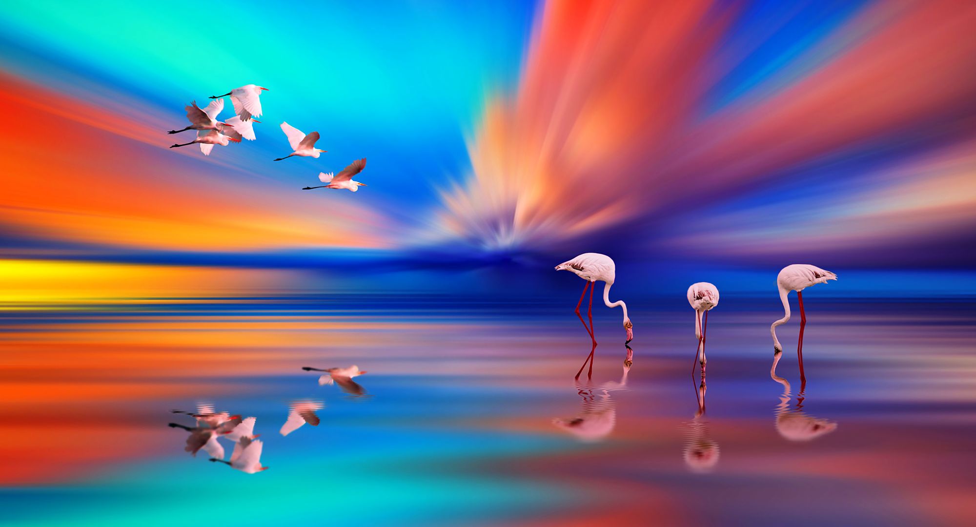Download mobile wallpaper Birds, Sunset, Flamingo, Lake, Reflection, Bird, Animal for free.
